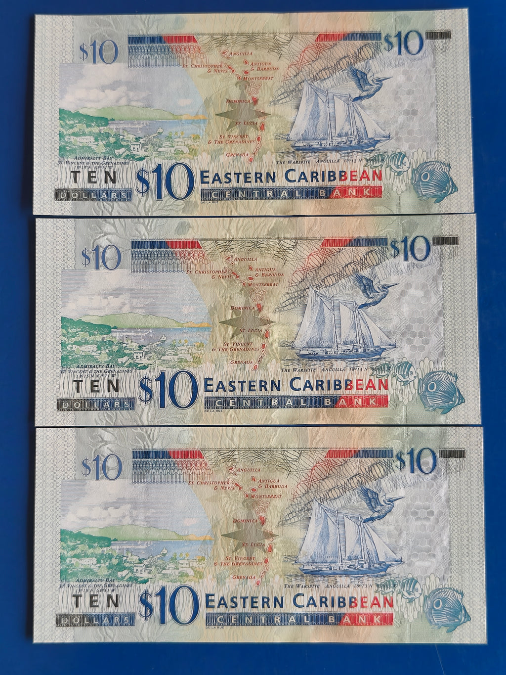 EASTERN CARIBBEAN CENTRAL BANK 10 DOLLAR CONSECUTIVE 3 PCS
