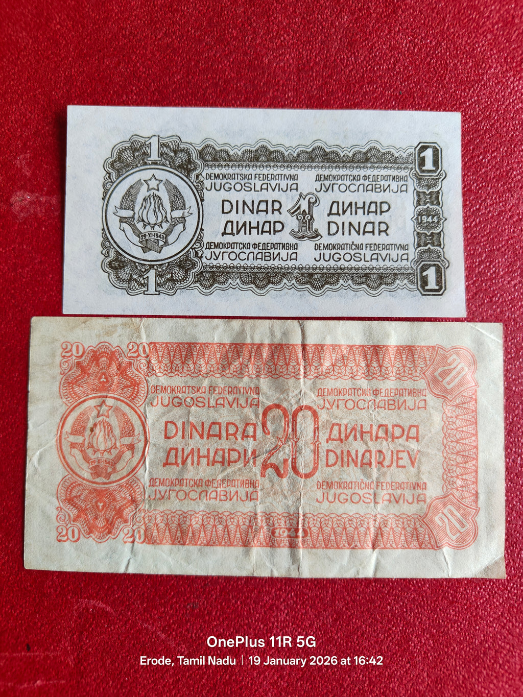 DEMOCRATIC FEDERAL YUGOSLAVIA (1943-1945) 1 & 20 DINAR ( D145 )