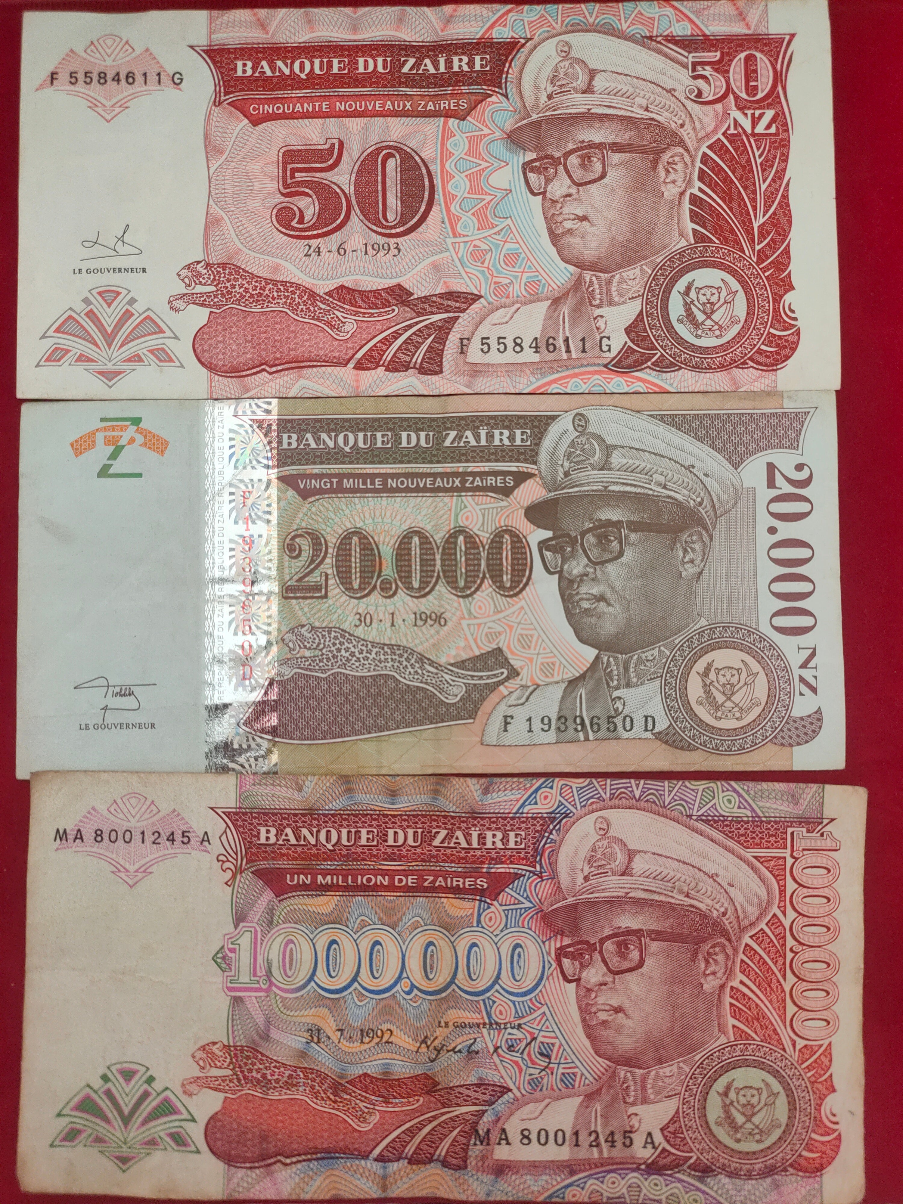 BANK OF ZAIRE 50,20.000,1.000.000 ZAIRES (D34)