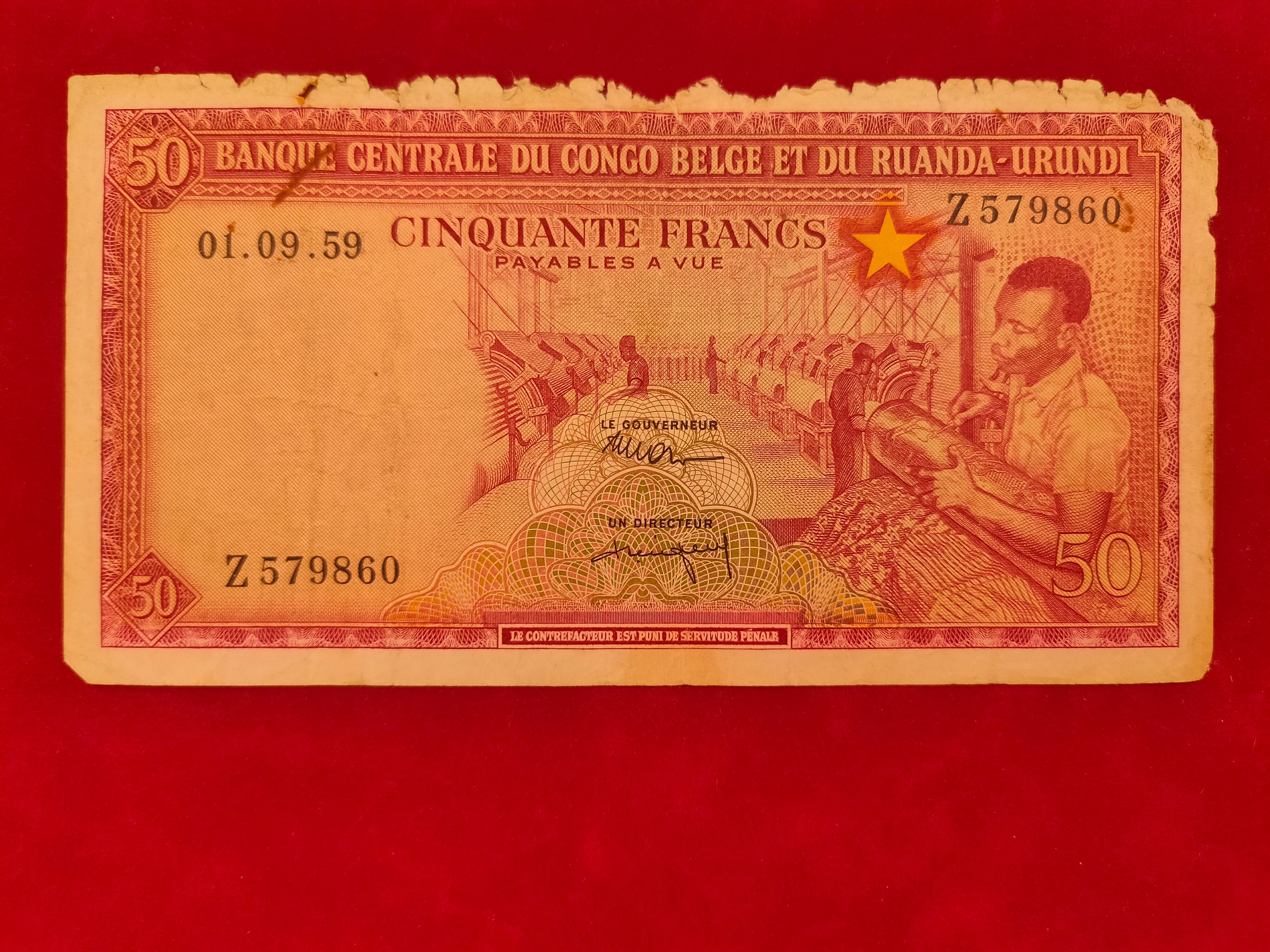 CENTRAL  BANK  OF  BELGIAN CONGO AND BELGE AND RUANDA URUNDI 50 FRANK (910)