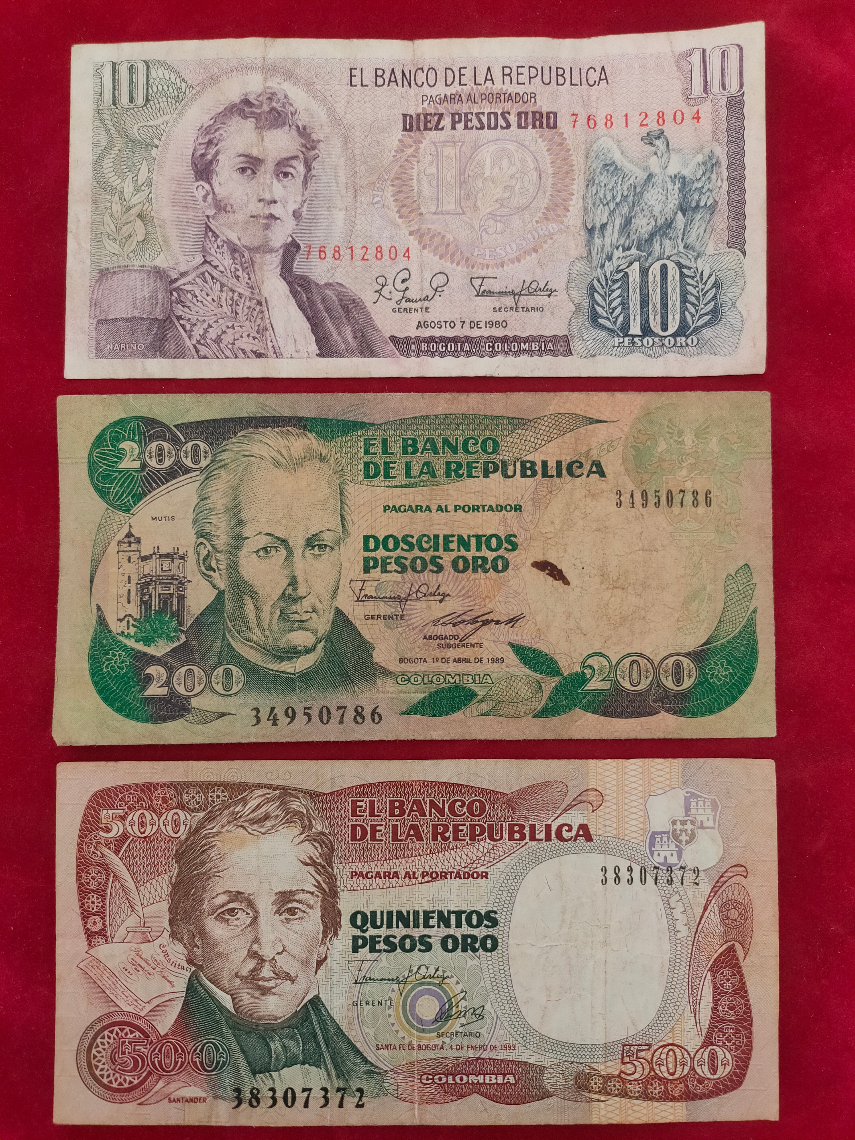 REPUBLIC BANK OF COLOMBIA 10, 200, 500 PESOS ORO (C995)