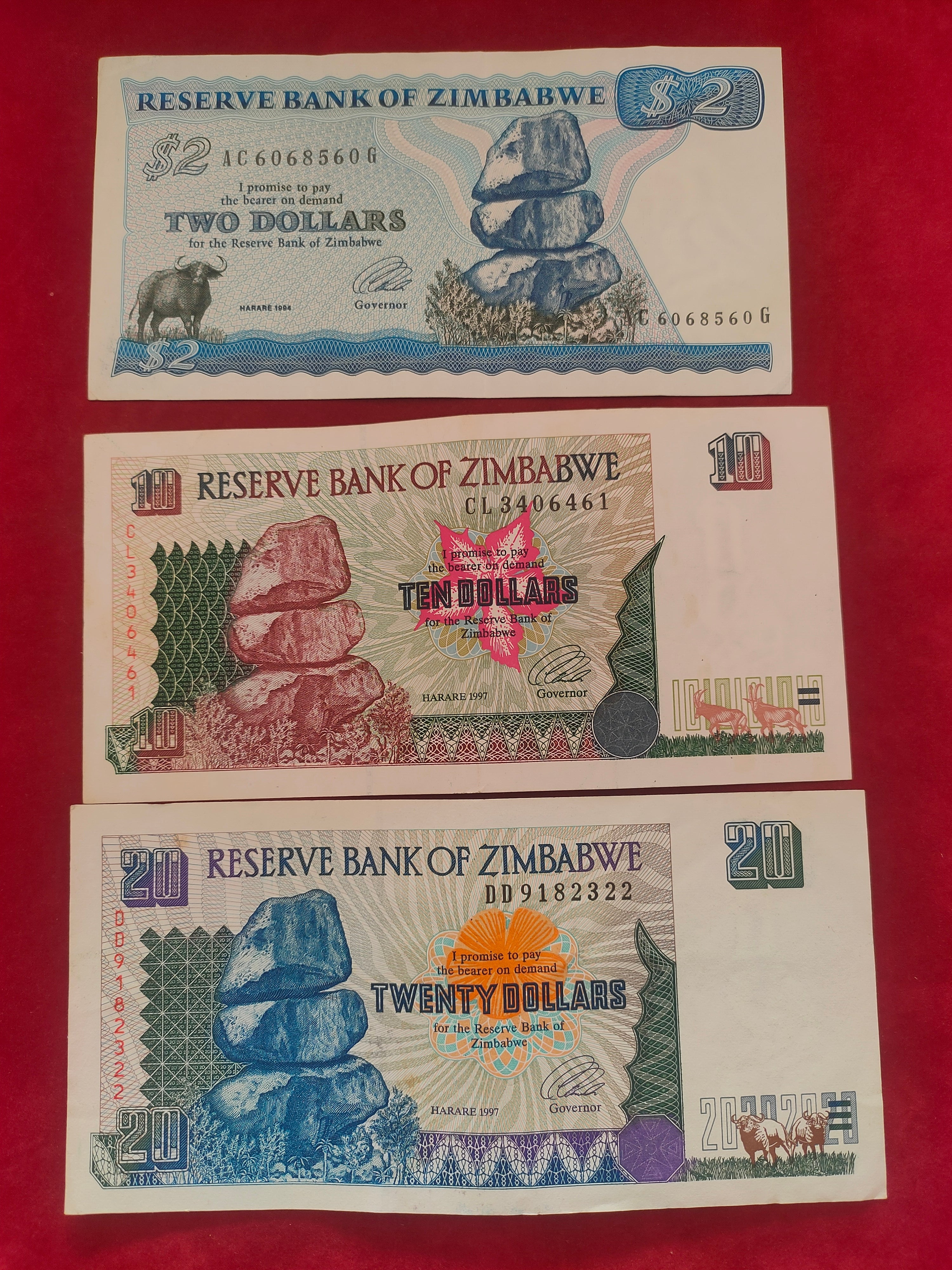 RESERVE BANK OF ZIMBABWE 2, 10, 20 DOLLARS (1051)