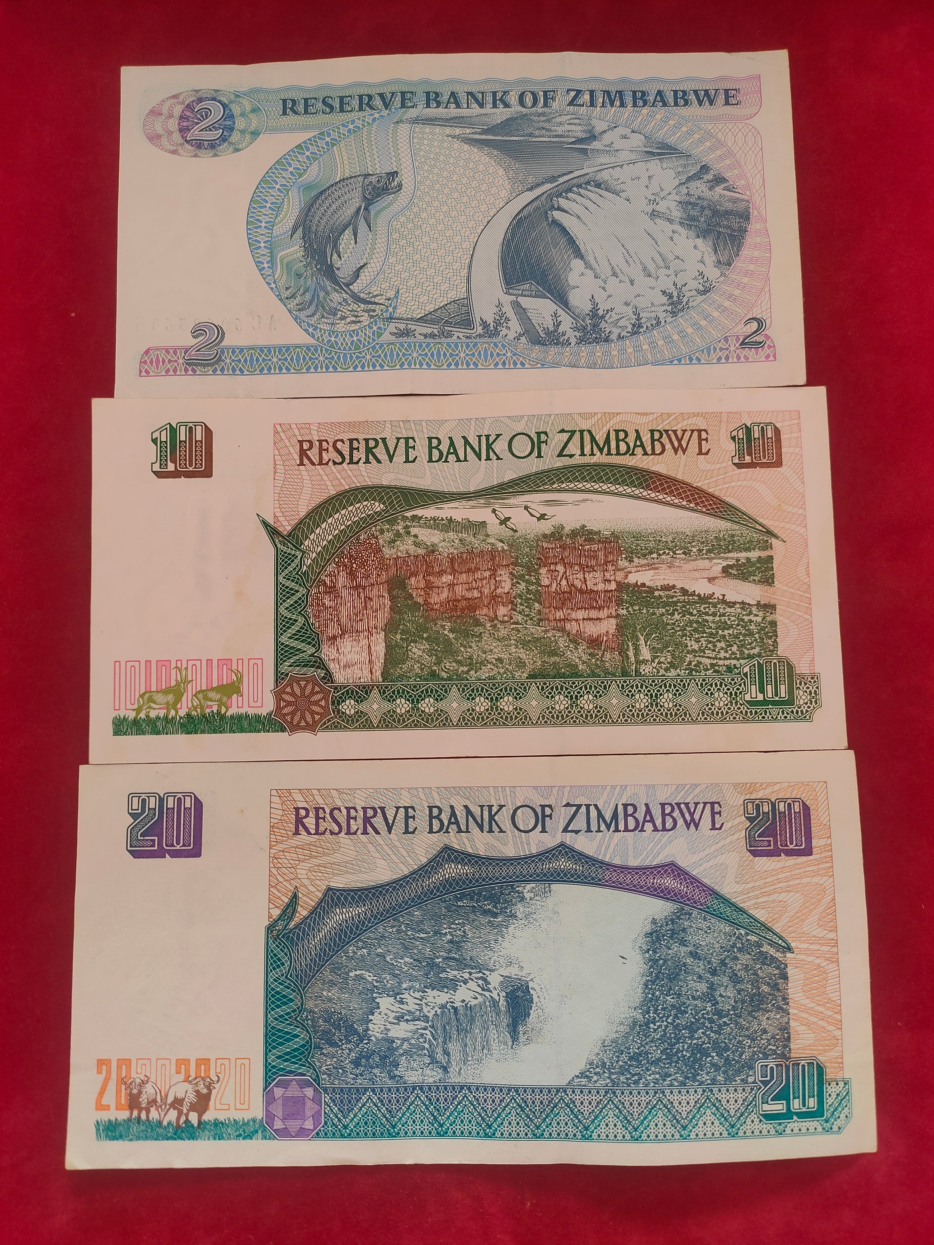 RESERVE BANK OF ZIMBABWE 2, 10, 20 DOLLARS (1051)