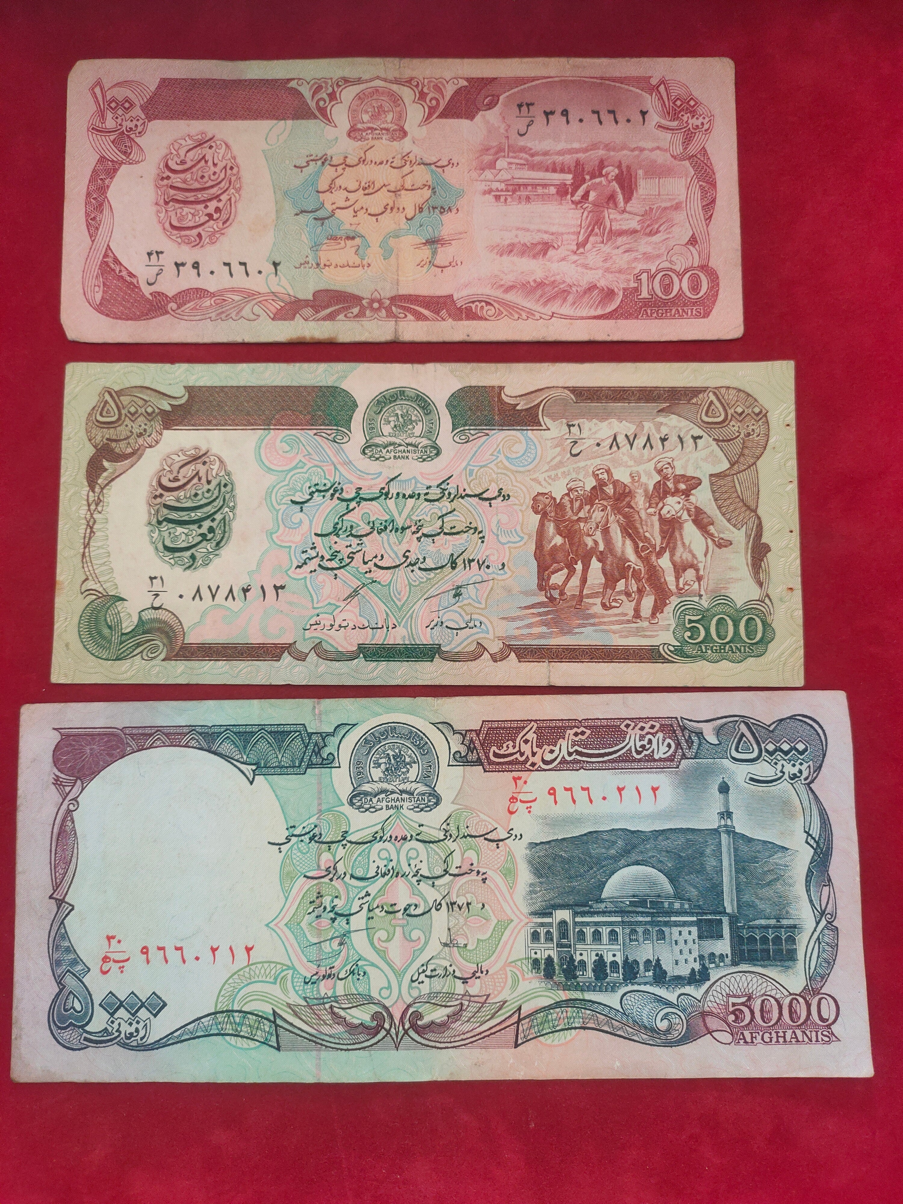 BANK OF AFGHANISTAN 100, 500, 5000 AFGHANIS (D954)