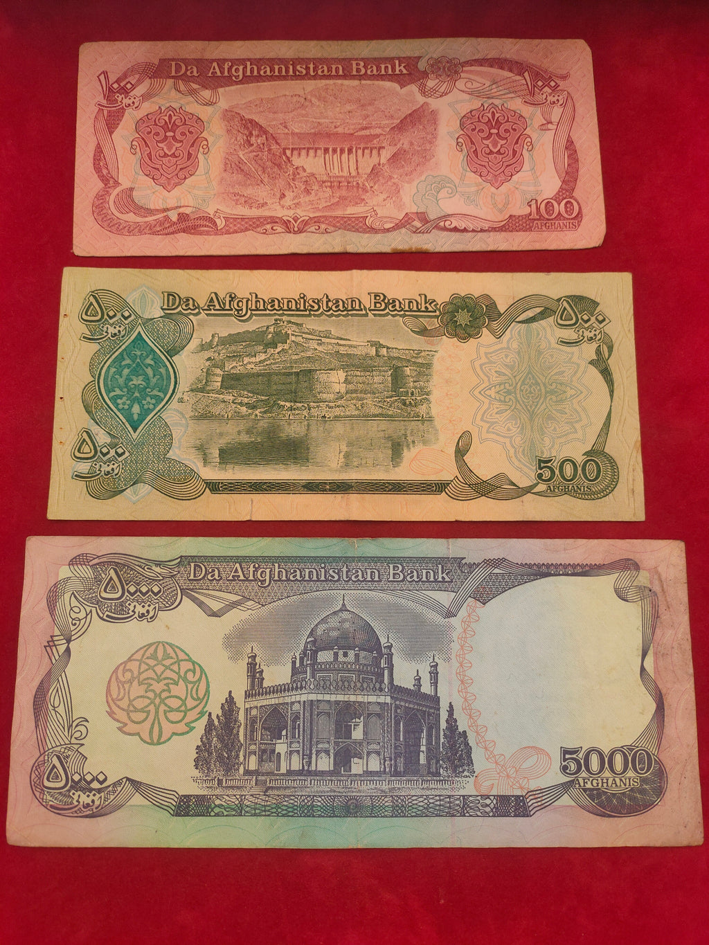 BANK OF AFGHANISTAN 100, 500, 5000 AFGHANIS (D954)