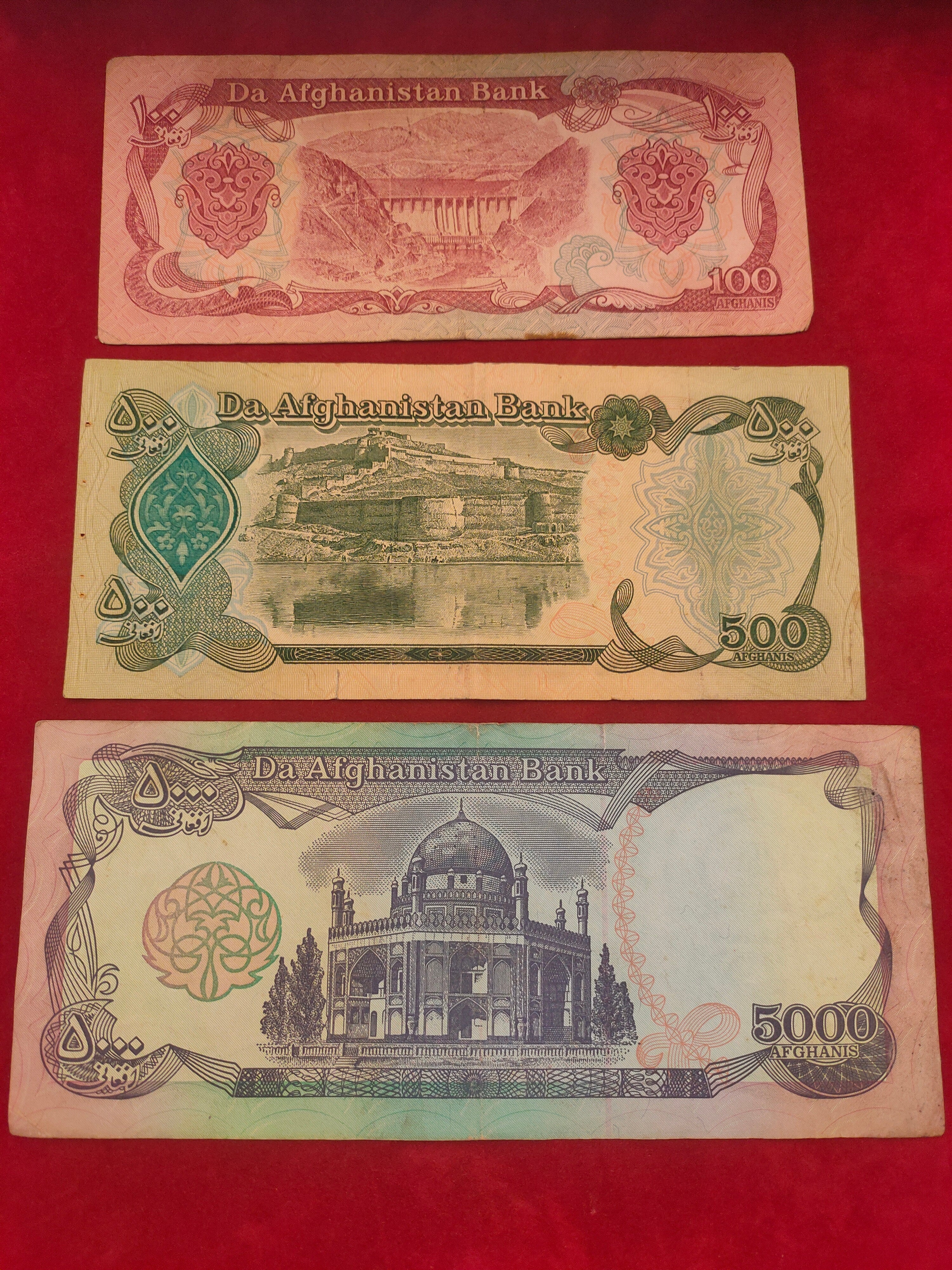 BANK OF AFGHANISTAN 100, 500, 5000 AFGHANIS (D954)