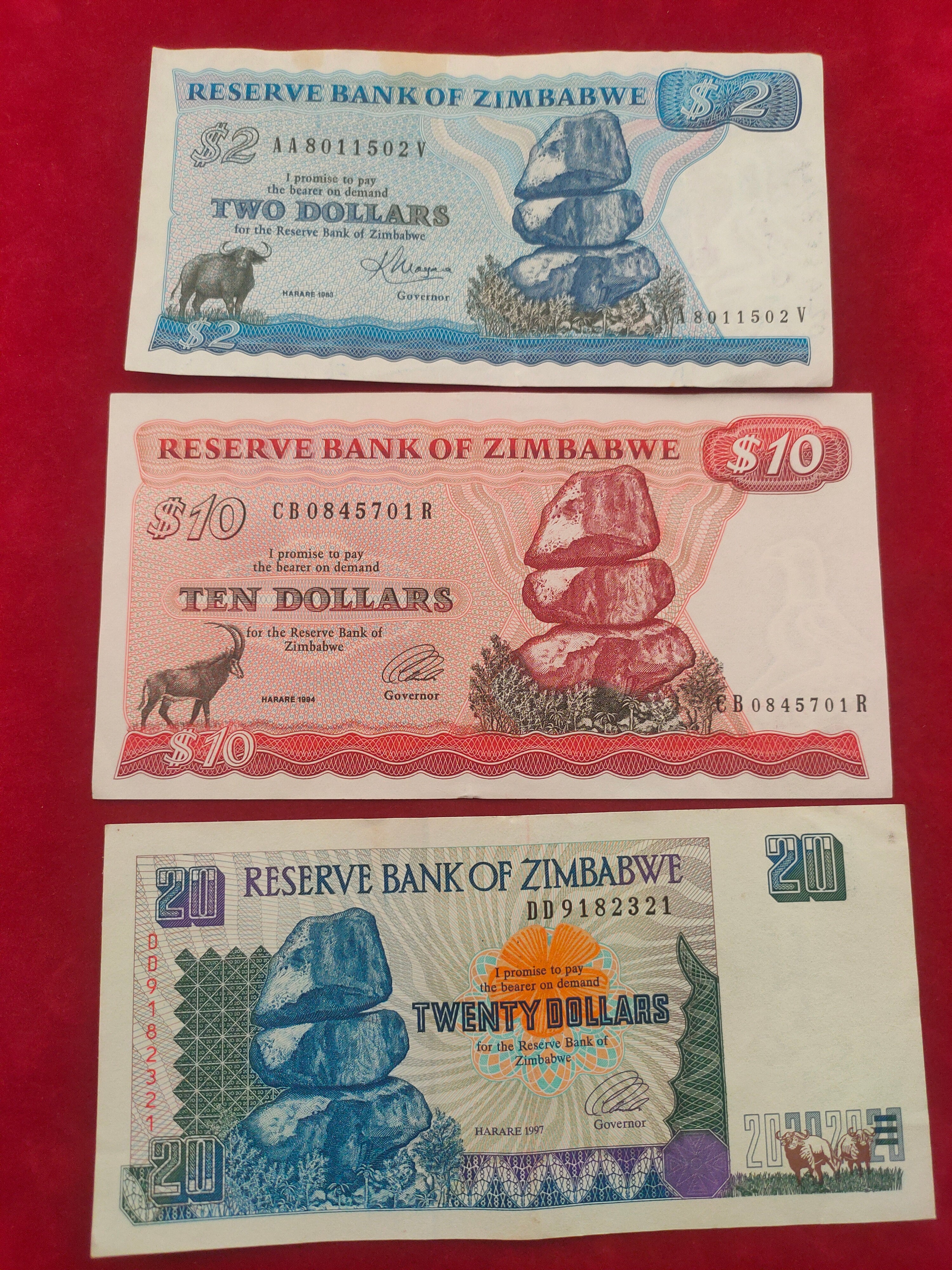 RESERVE BANK OF ZIMBABWE 2, 10, 20 DOLLARS (1050)