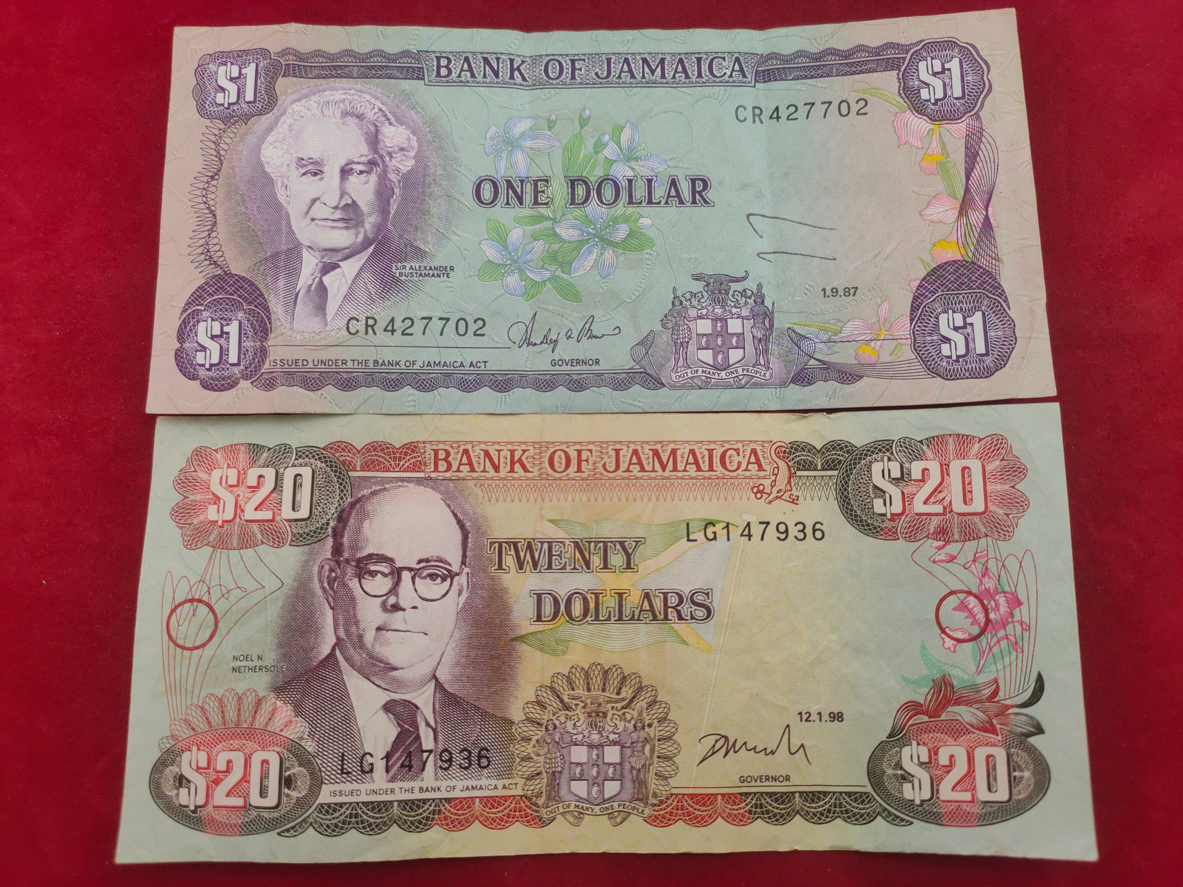 BANK OF JAMAICA 1, 20 DOLLARS (Y262)