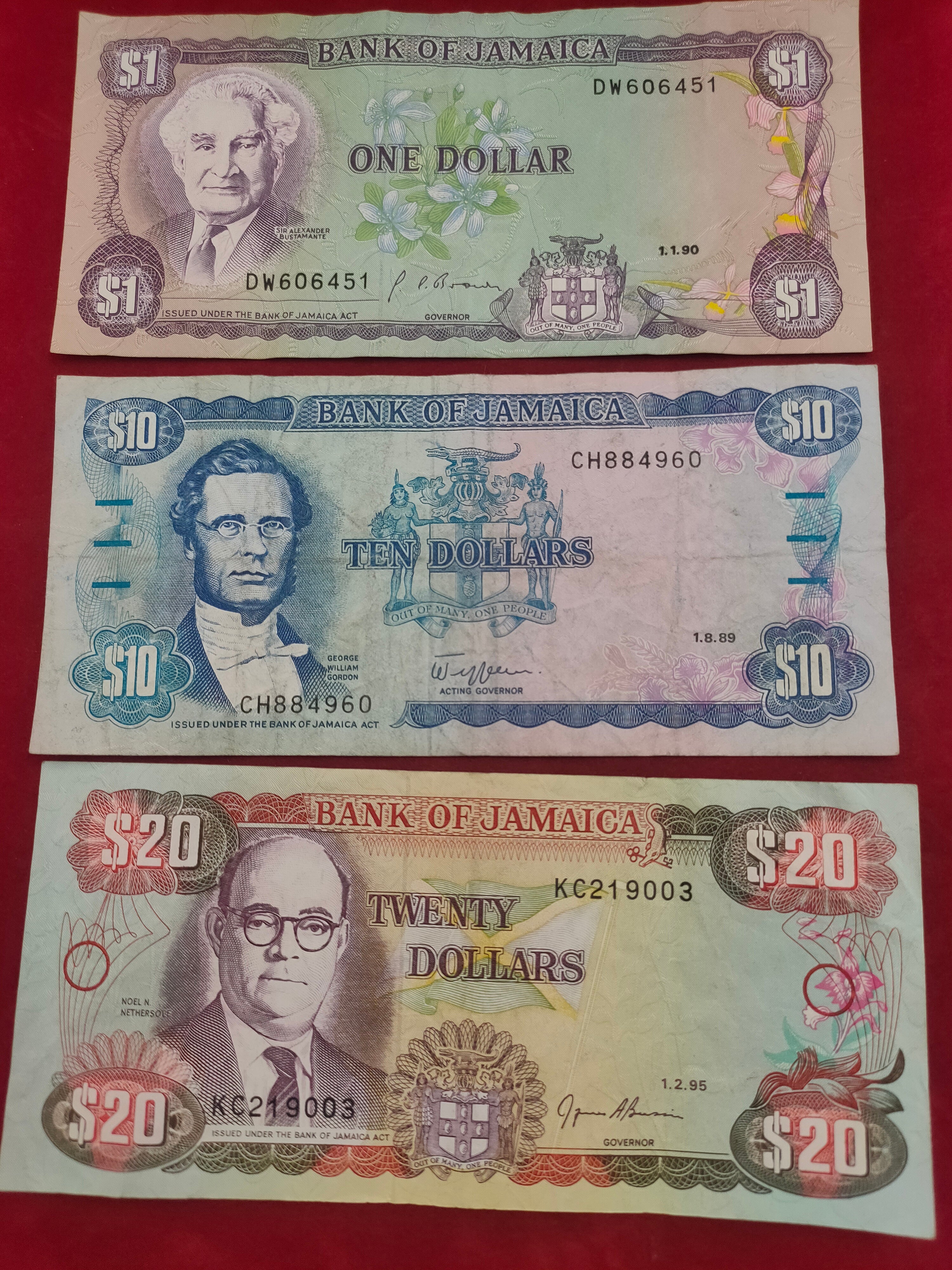 BANK OF JAMAICA 1, 10, 20 DOLLARS (Y261)