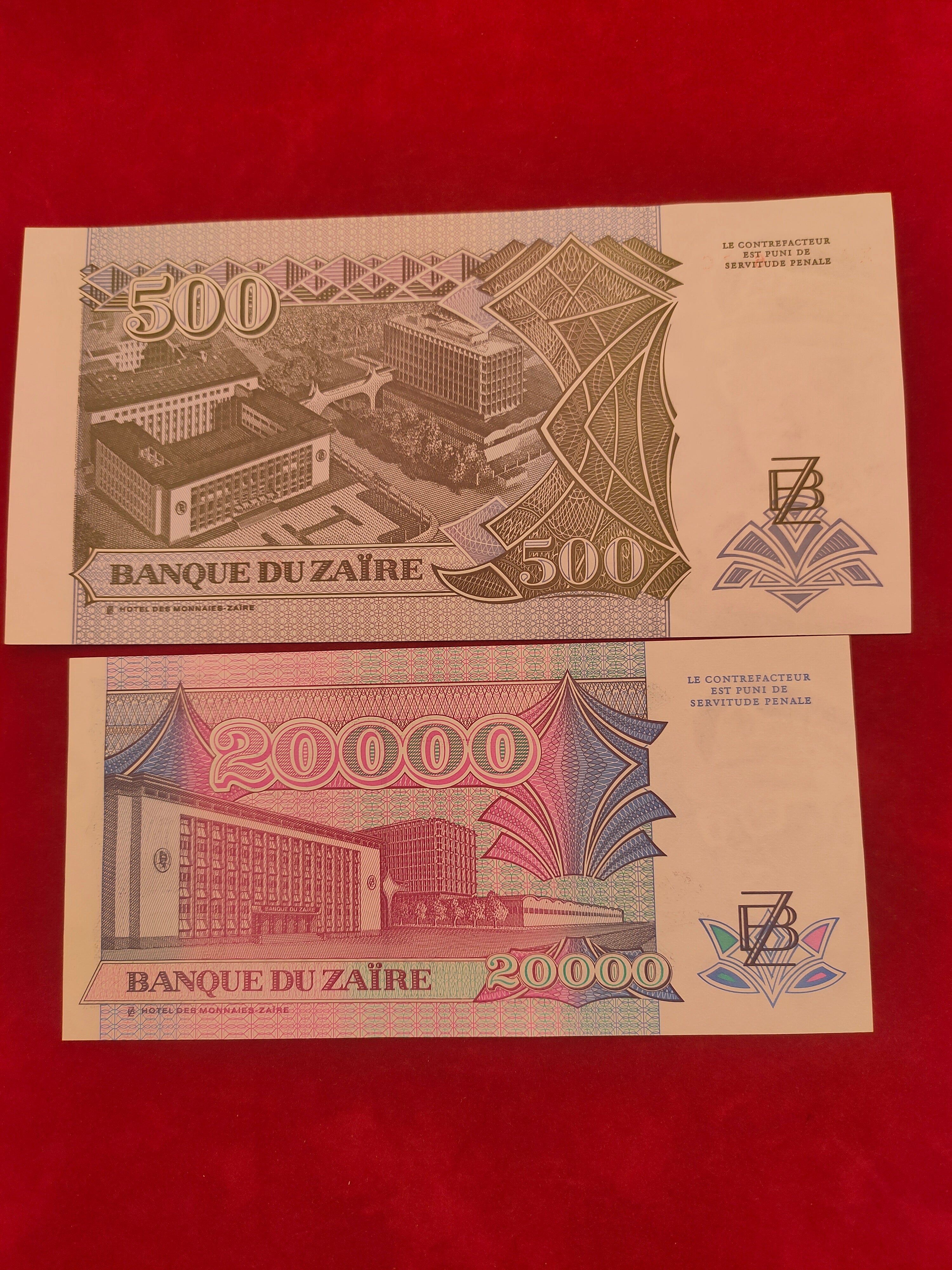 BANK OF ZAIRE 5, 10, 50, 500, 20000 ZAIRES (C446)