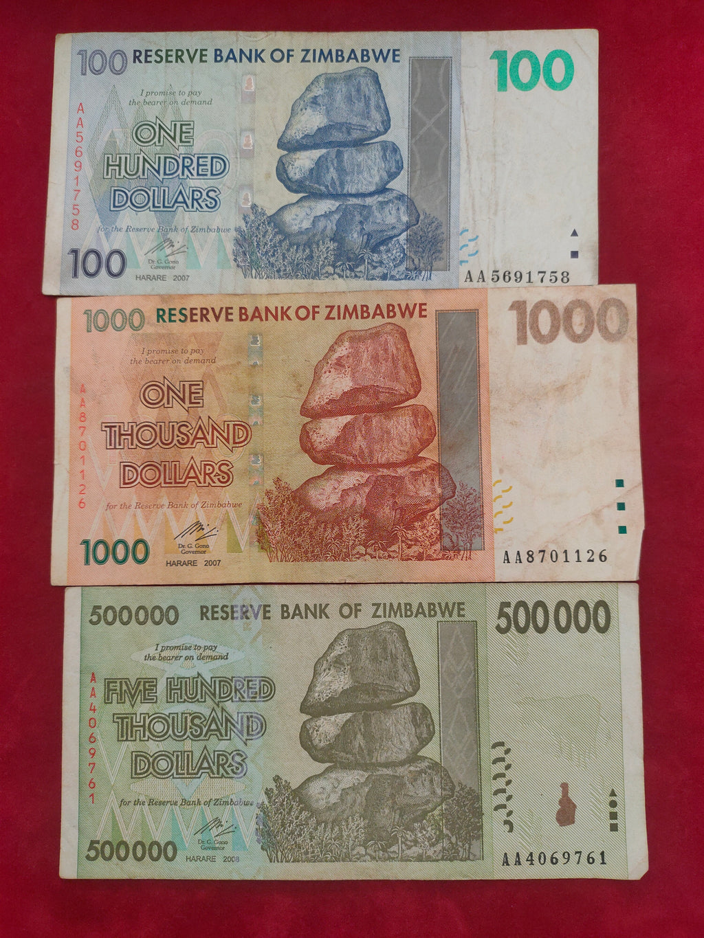 RESERVE BANK OF ZIMBABWE 100, 1000, 500000 DOLLARS (1047)