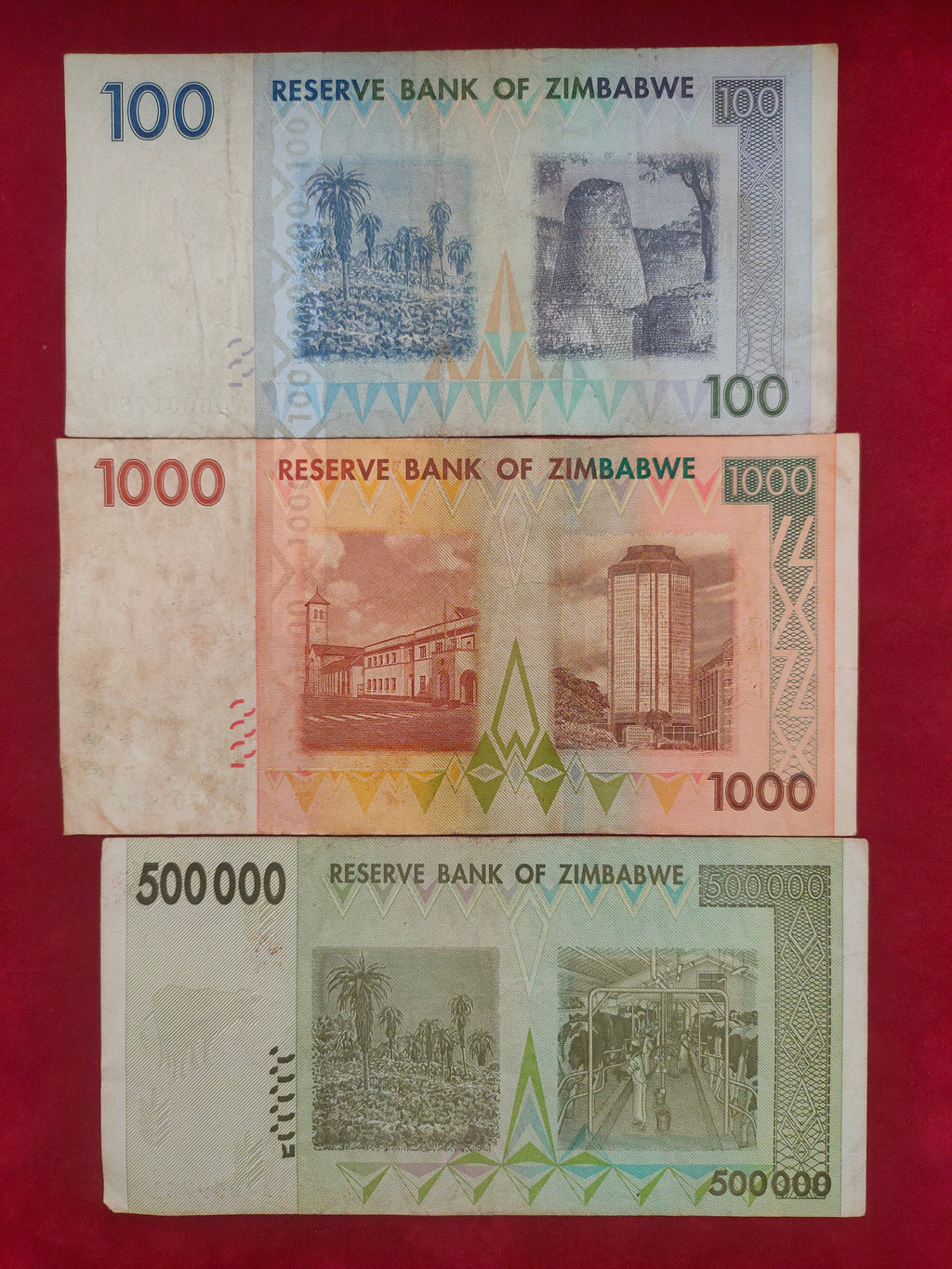 RESERVE BANK OF ZIMBABWE 100, 1000, 500000 DOLLARS (1047)