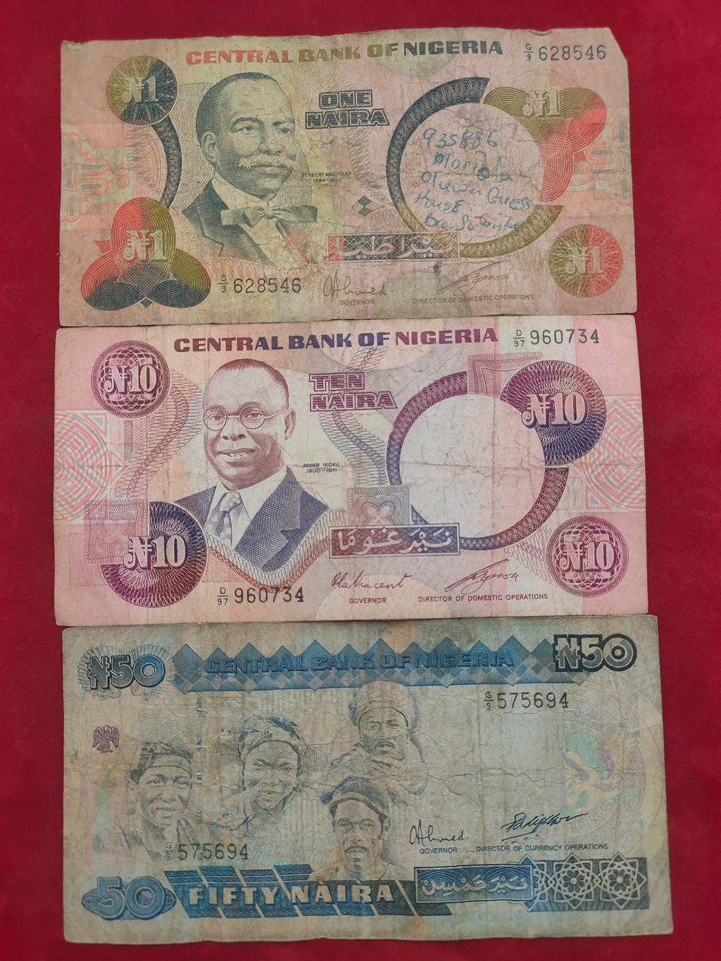 CENTRAL BANK OF NIGERIA 1, 10, 50 NAIRA (D708)