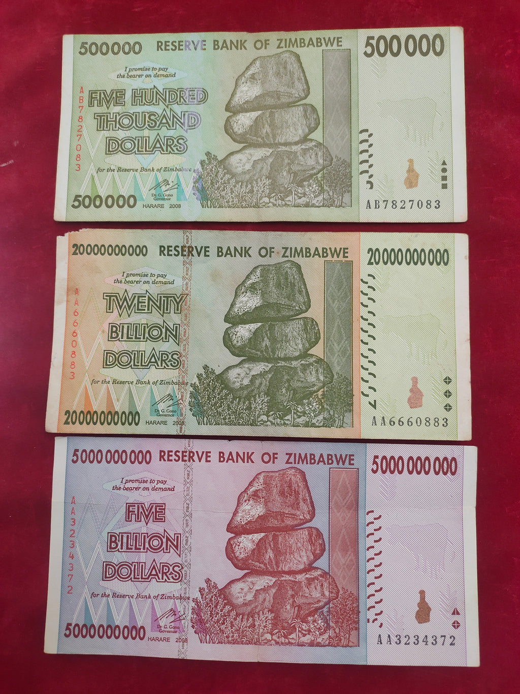 RESERVE BANK OF ZIMBABWE 500 000,  20 000 000 000, 500 000 000 DOLLARS (606)