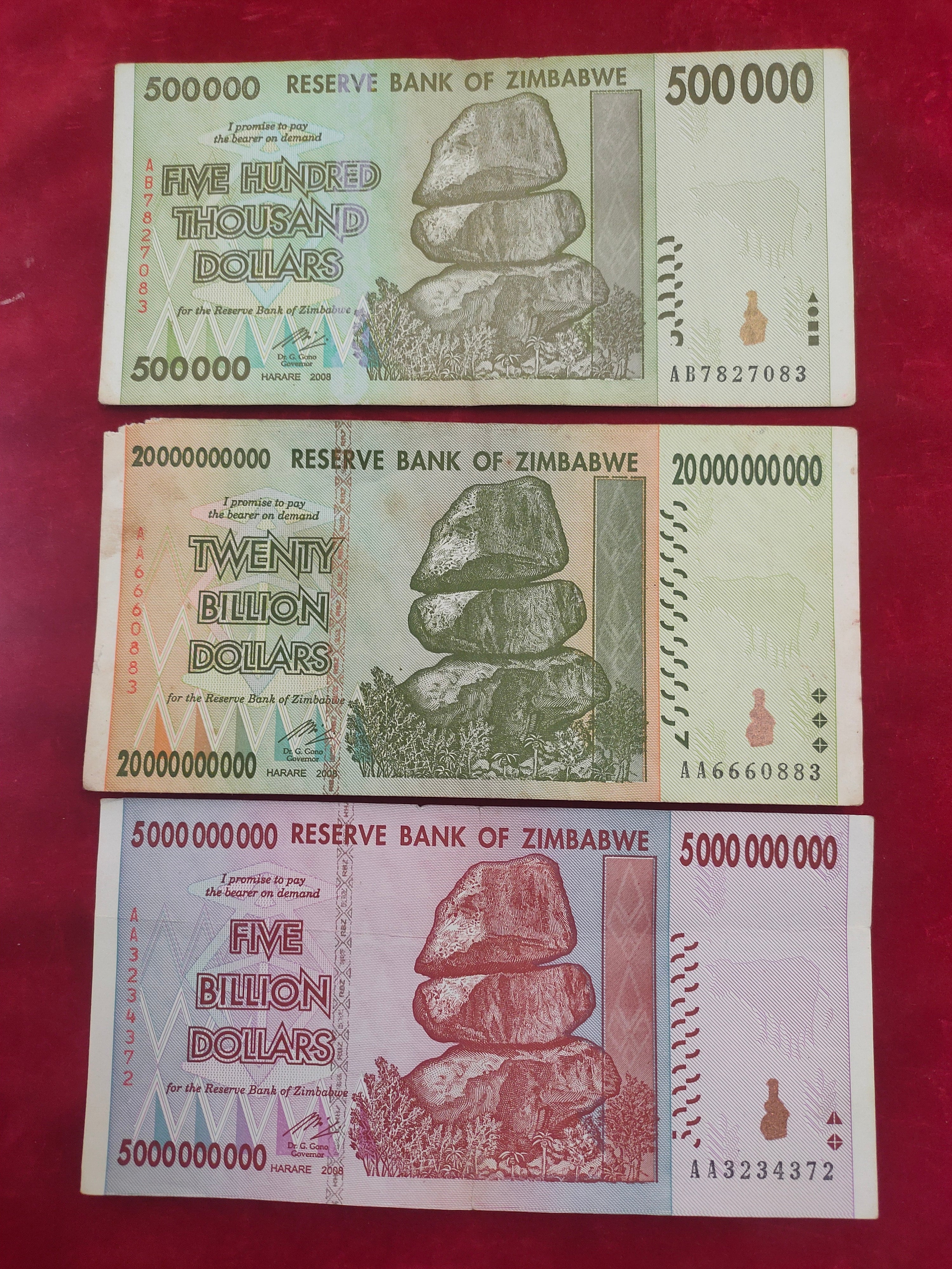 RESERVE BANK OF ZIMBABWE 500 000,  20 000 000 000, 500 000 000 DOLLARS (606)