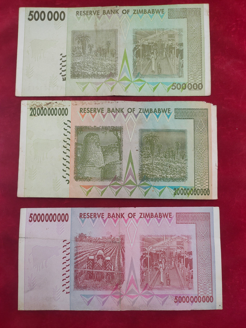 RESERVE BANK OF ZIMBABWE 500 000,  20 000 000 000, 500 000 000 DOLLARS (606)