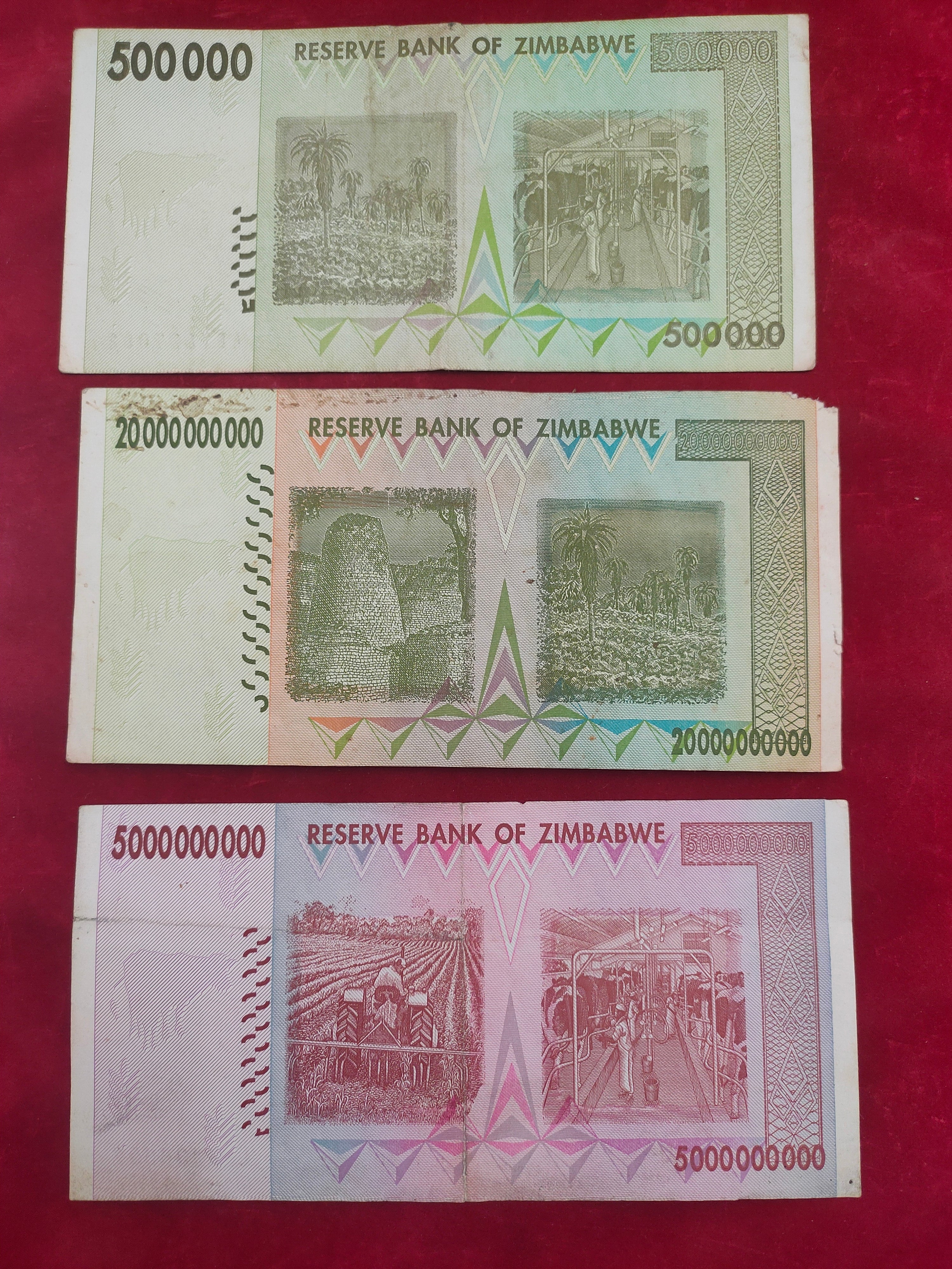 RESERVE BANK OF ZIMBABWE 500 000,  20 000 000 000, 500 000 000 DOLLARS (606)