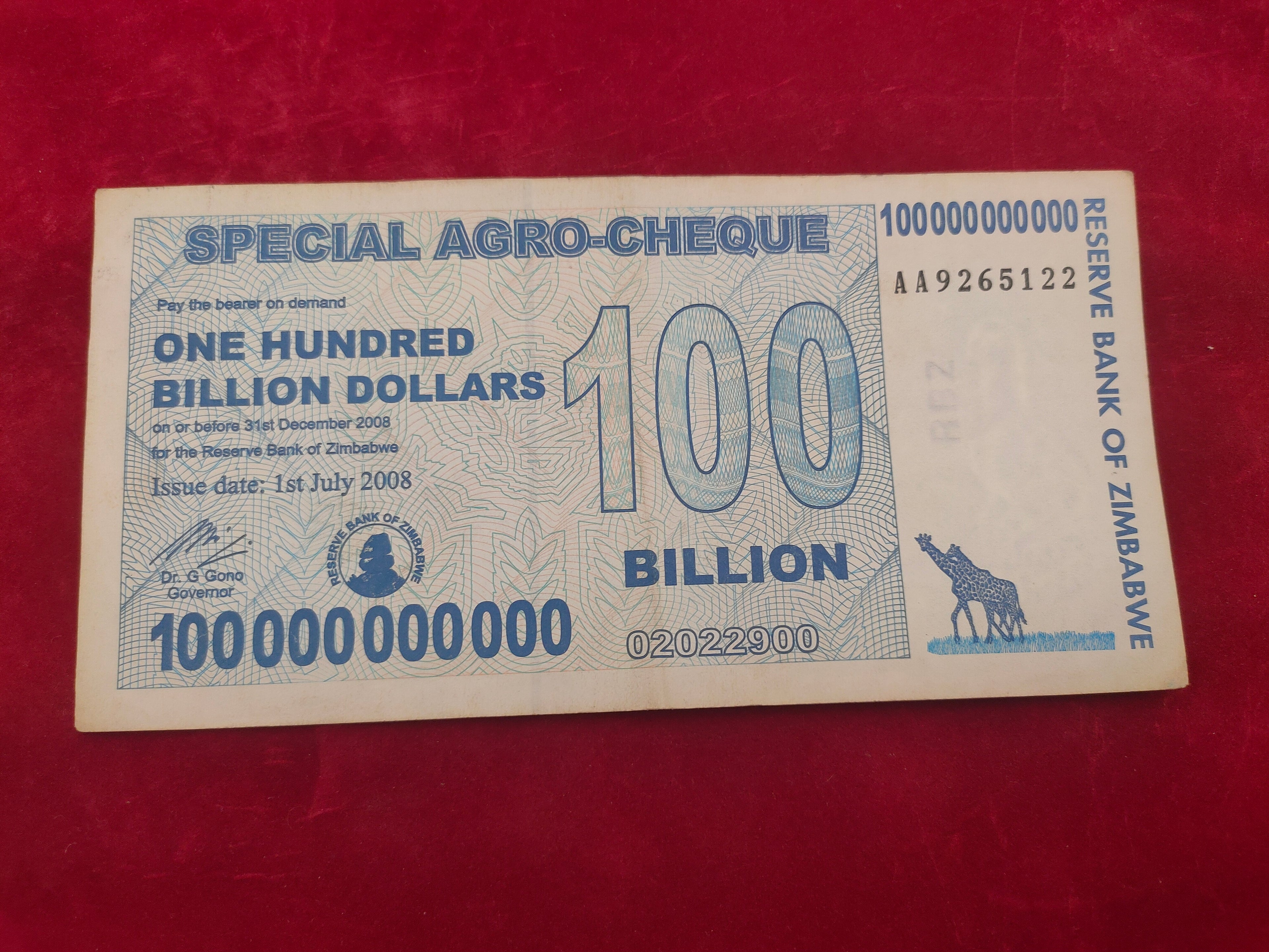 RESERVE BANK OF ZIMBABWE 100 000 000 000 BILLION (606)