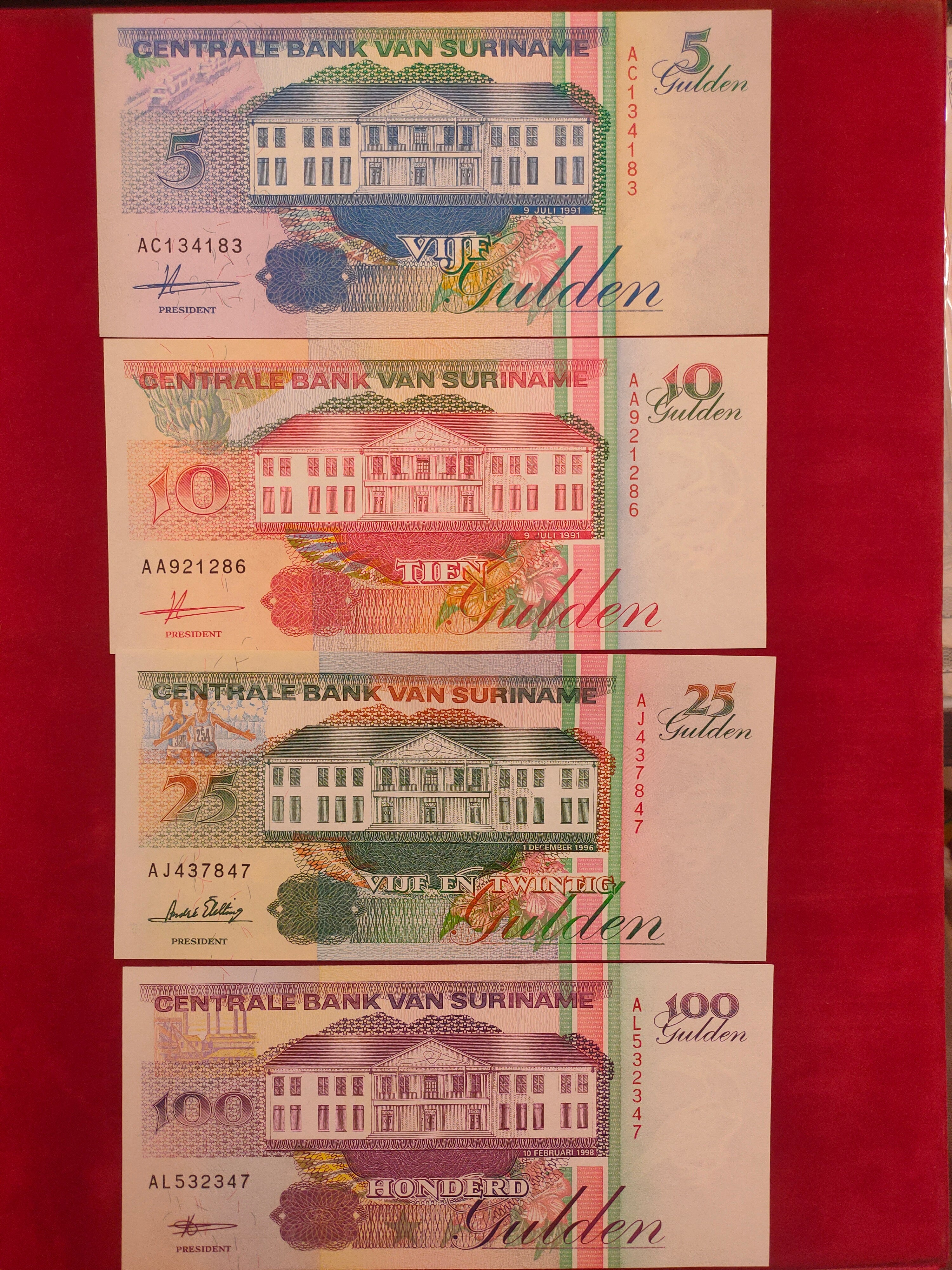 CENTRAL BANK OF SURINAME 5, 10, 25, 100 GULDEN (C422)
