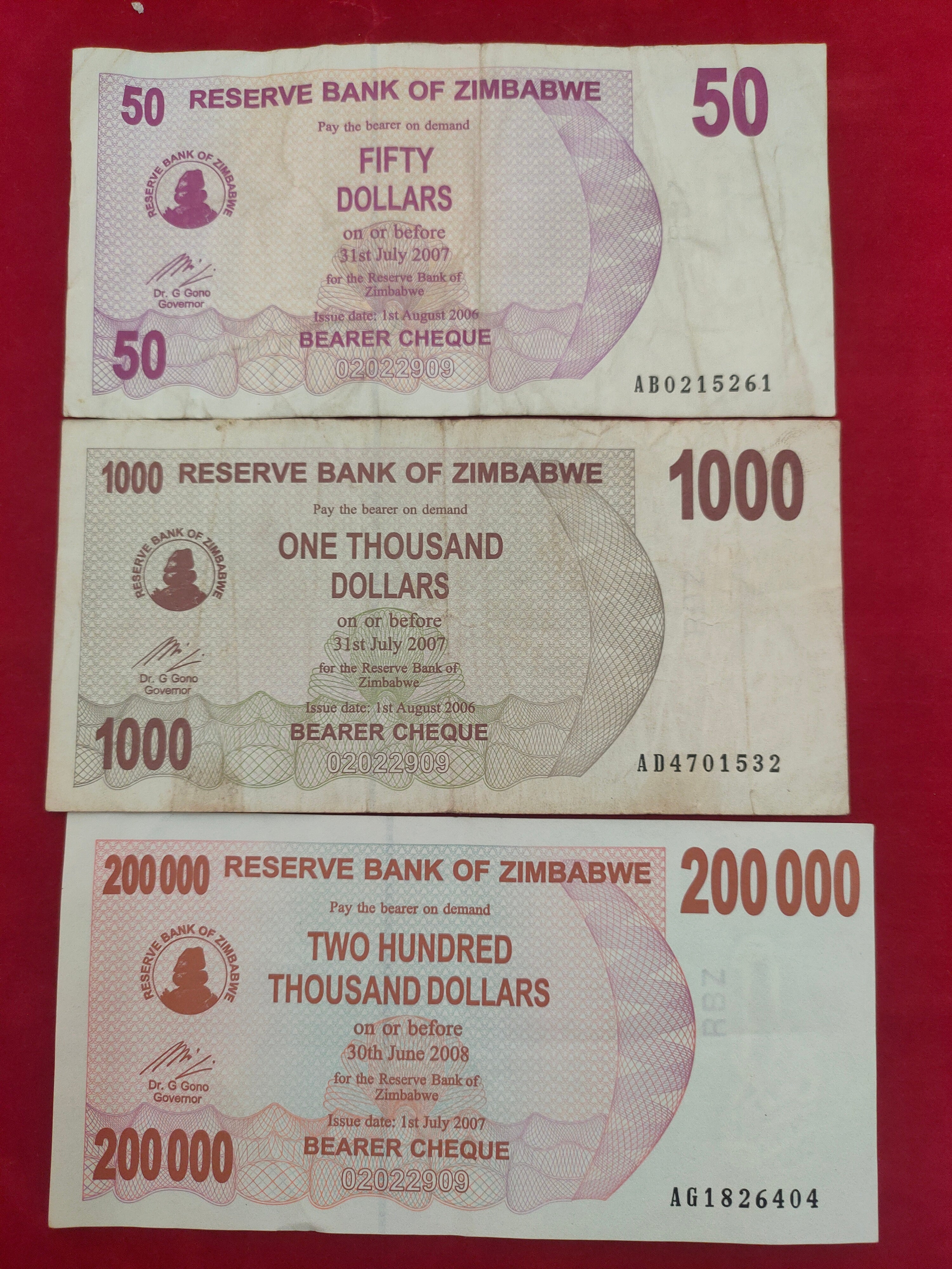 RESERVE BANK OF ZIMBABWE 50, 1000, 200 000,500 000, 10 000 000 DOLLARS (D56)