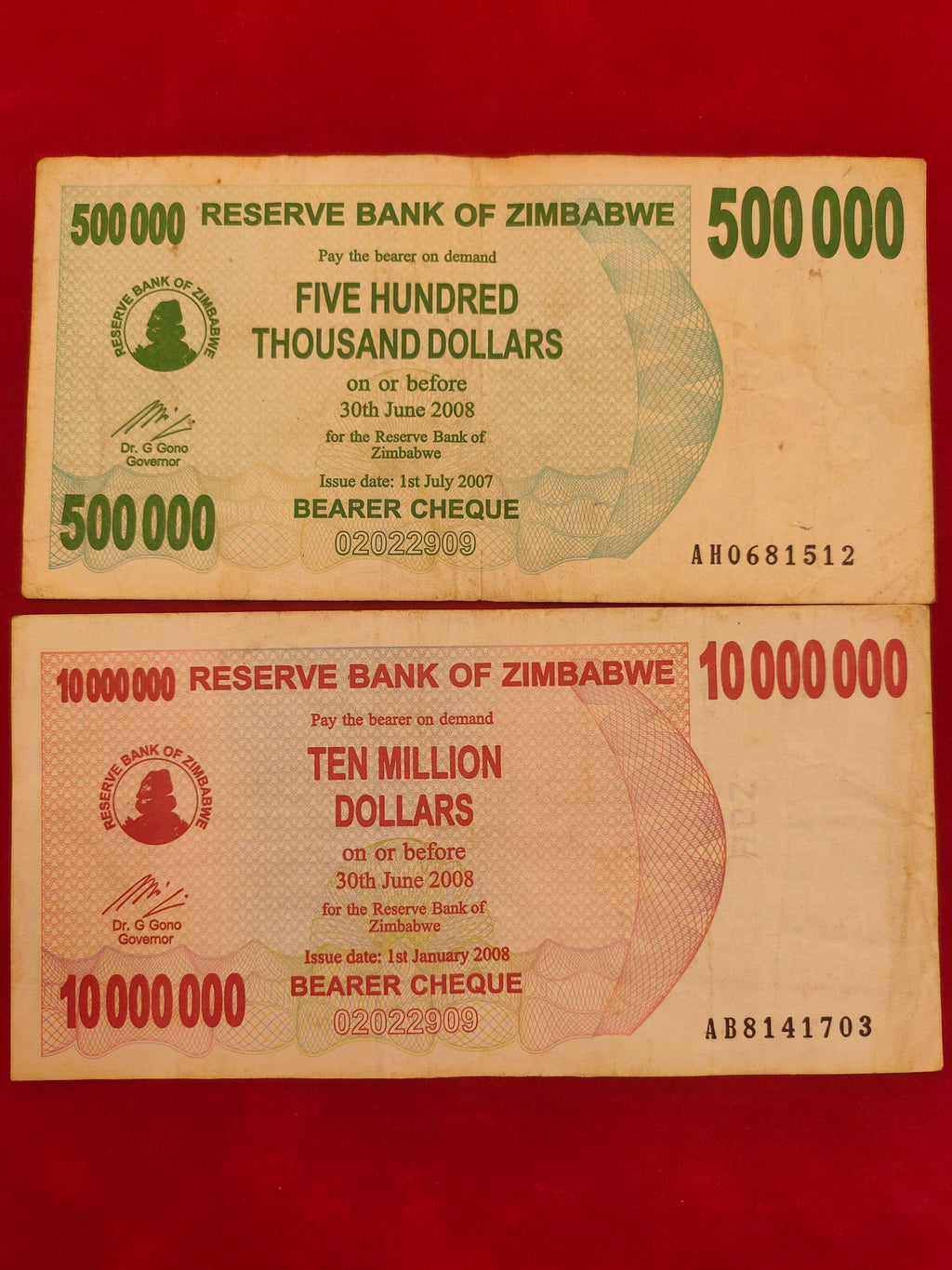 RESERVE BANK OF ZIMBABWE 50, 1000, 200 000,500 000, 10 000 000 DOLLARS (D56)