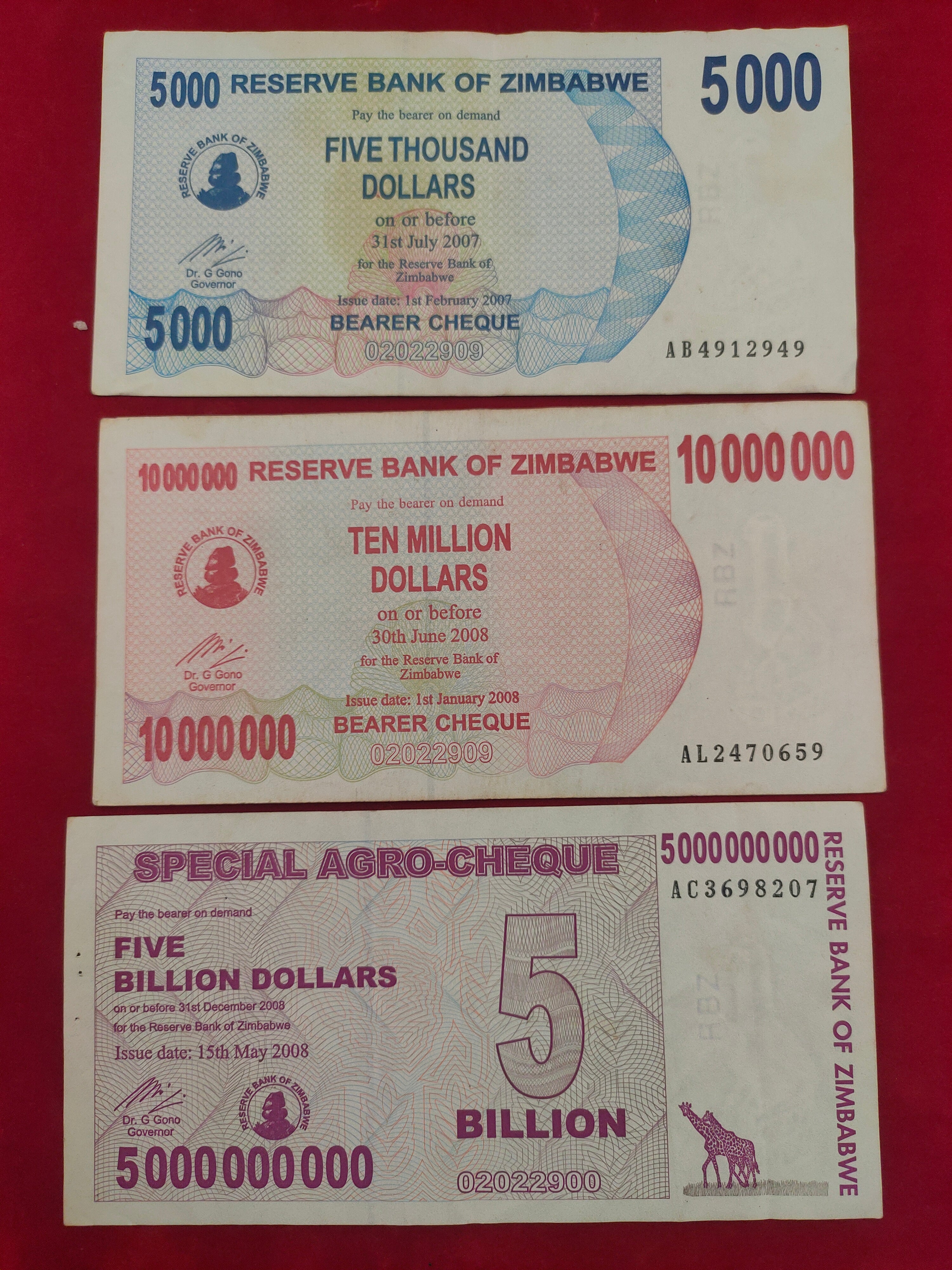 RESERVE BANK OF ZIMBABWE 5000, 5000000000, 10000000, 100000000, 50000000000 DOLLARS (1073)