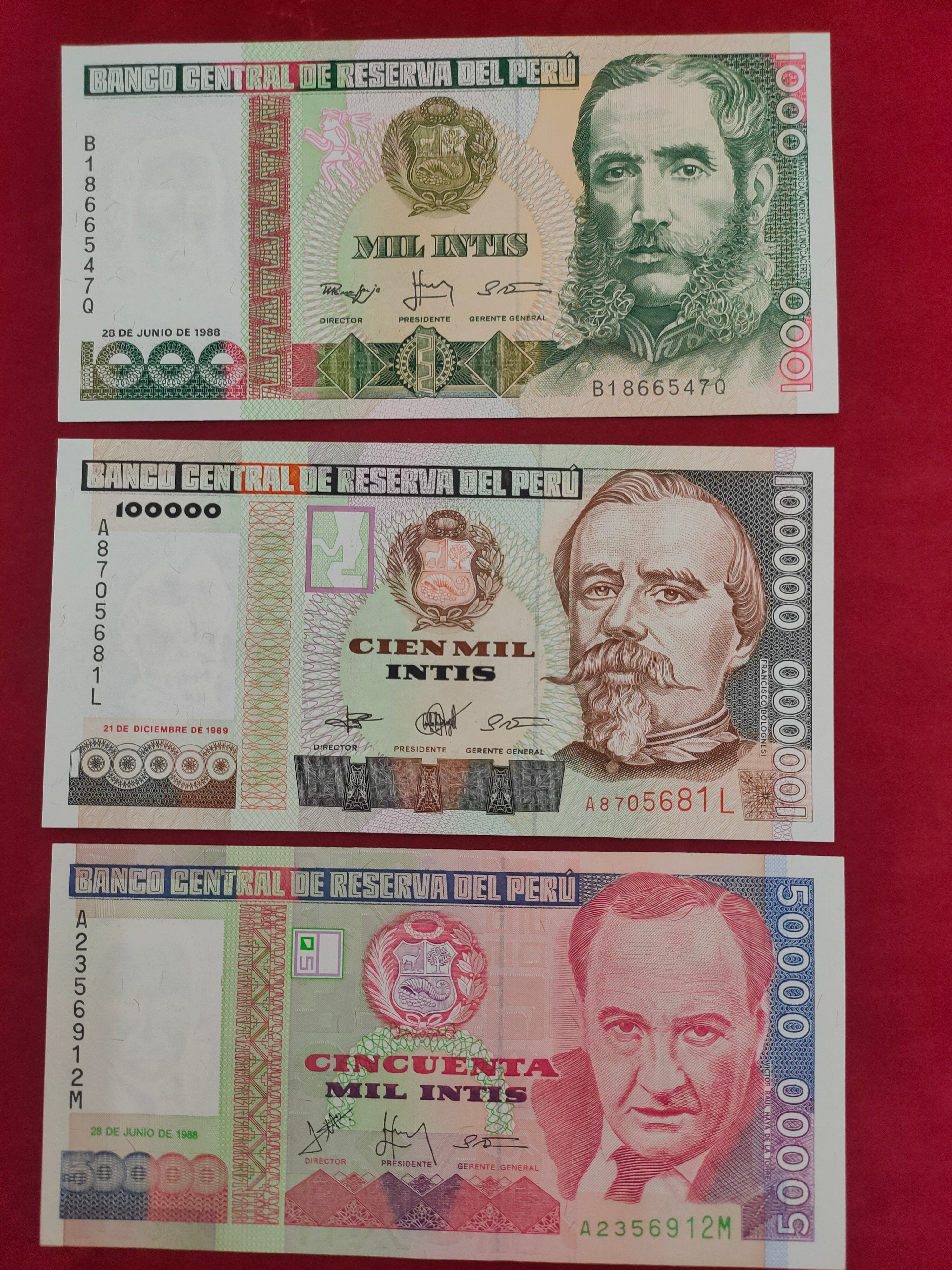 BANK OF PERU 10, 50, 500, 1000, 100000, 50000 INTIS (C421)