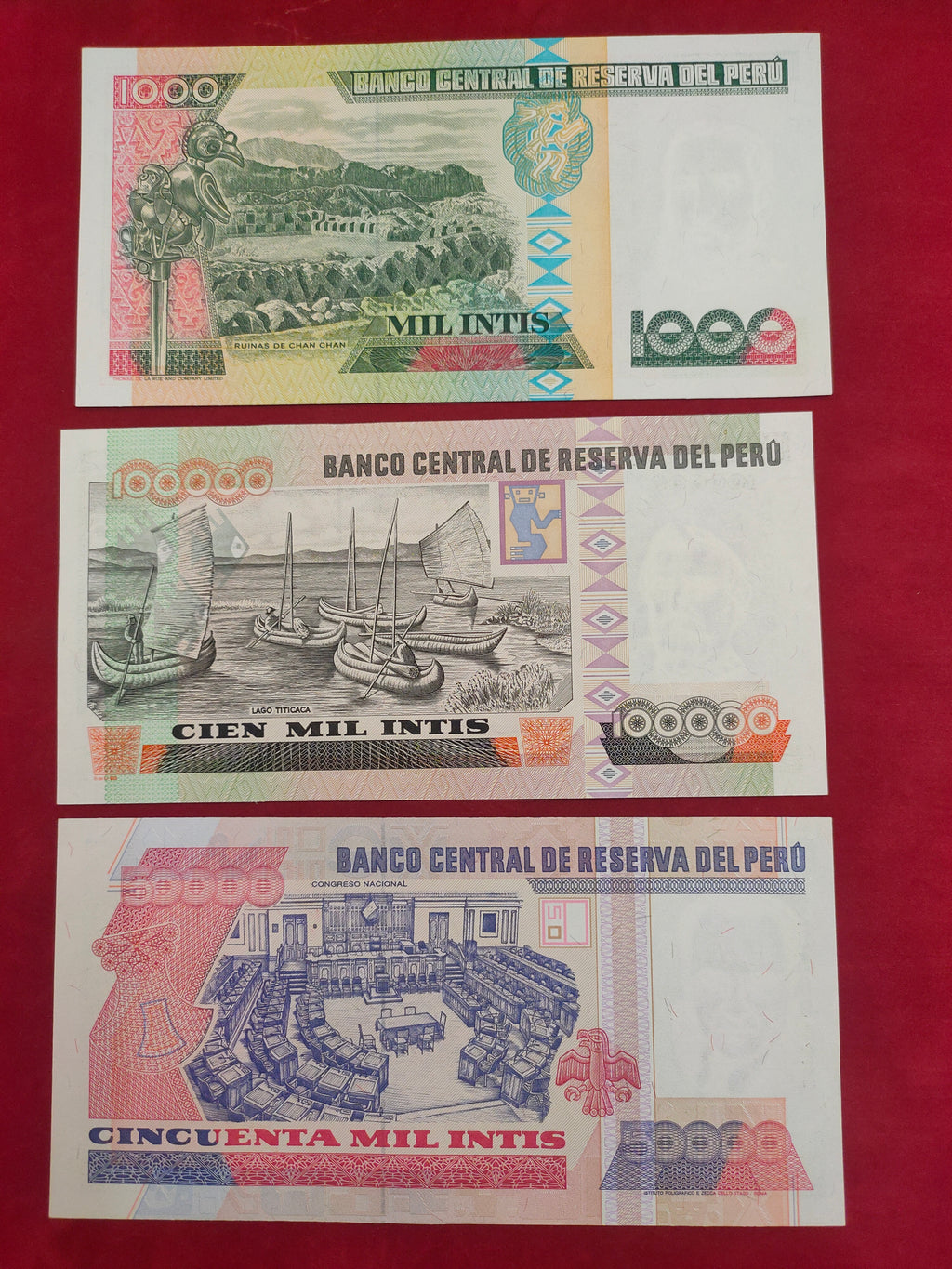 BANK OF PERU 10, 50, 500, 1000, 100000, 50000 INTIS (C421)