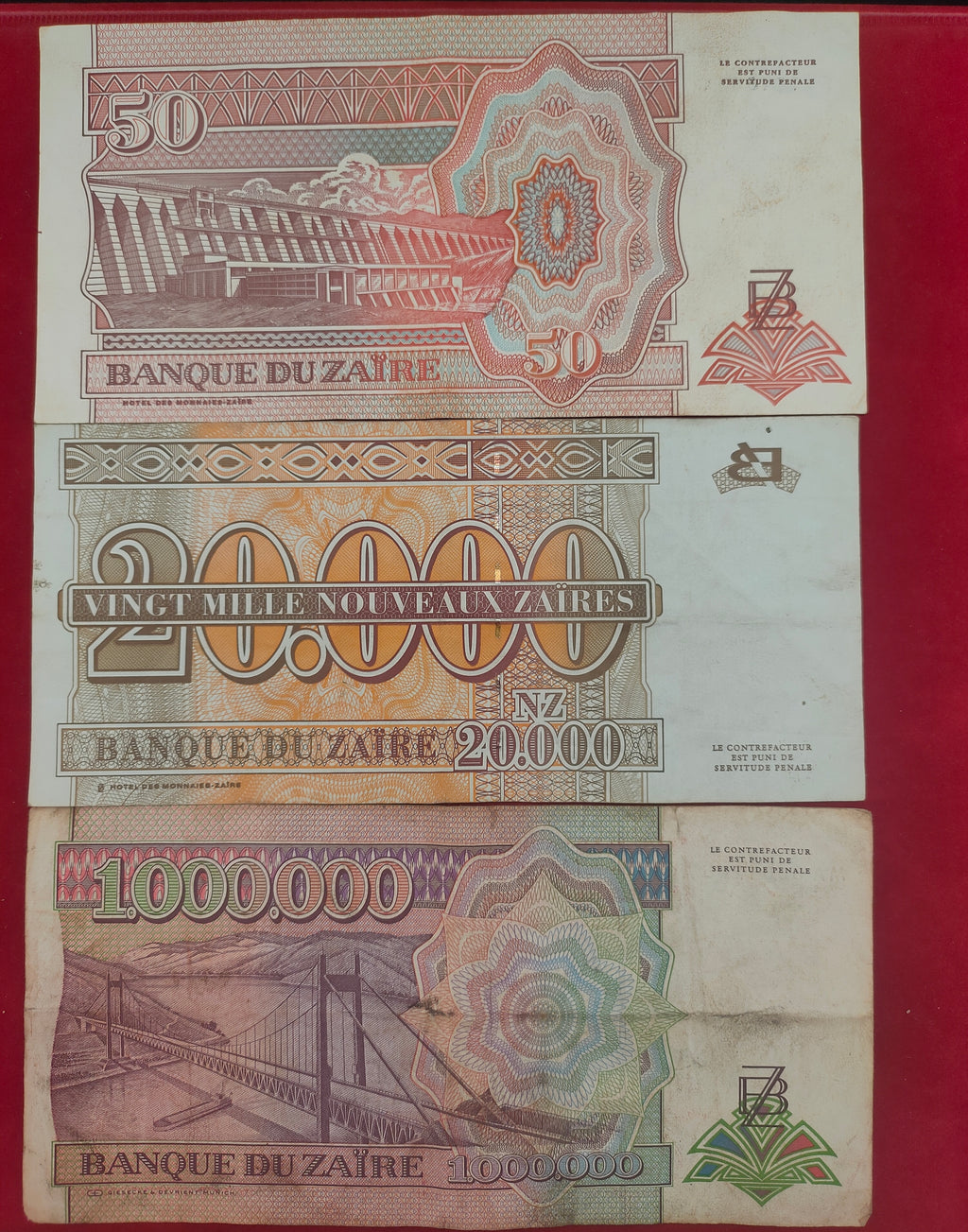 BANK OF ZAIRE 50,20.000,1.000.000 ZAIRES (D34)