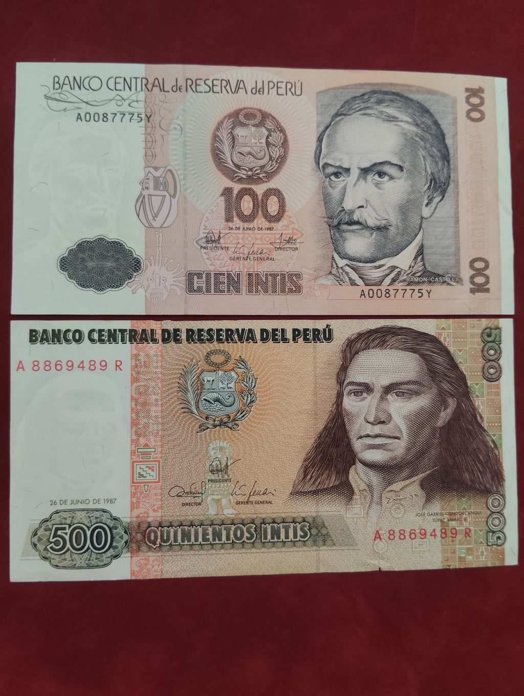 CENTRAL RESERVE BANK OF PERU 100 , 500 INTIS (D618)