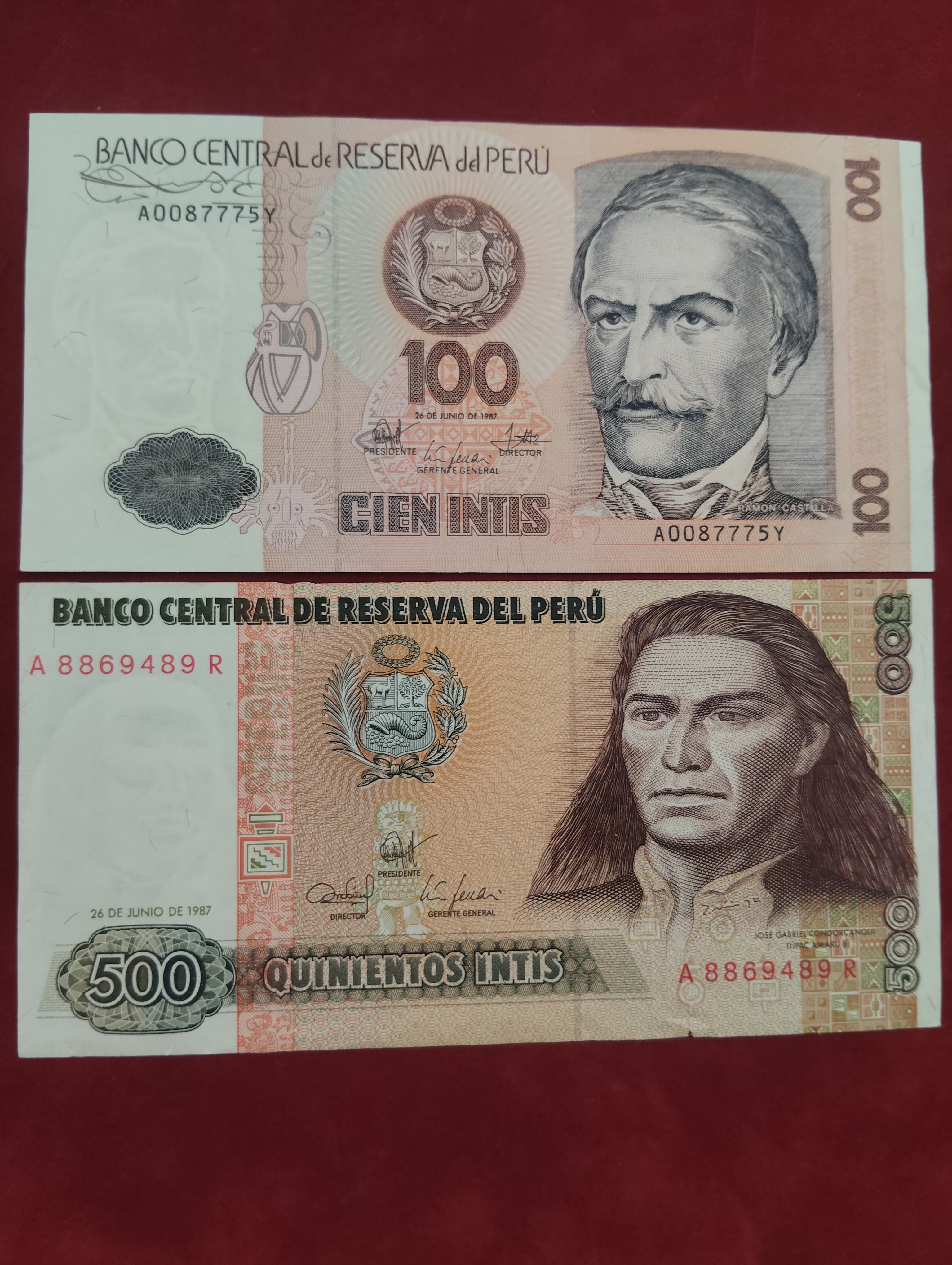 CENTRAL RESERVE BANK OF PERU 100 , 500 INTIS (D618)