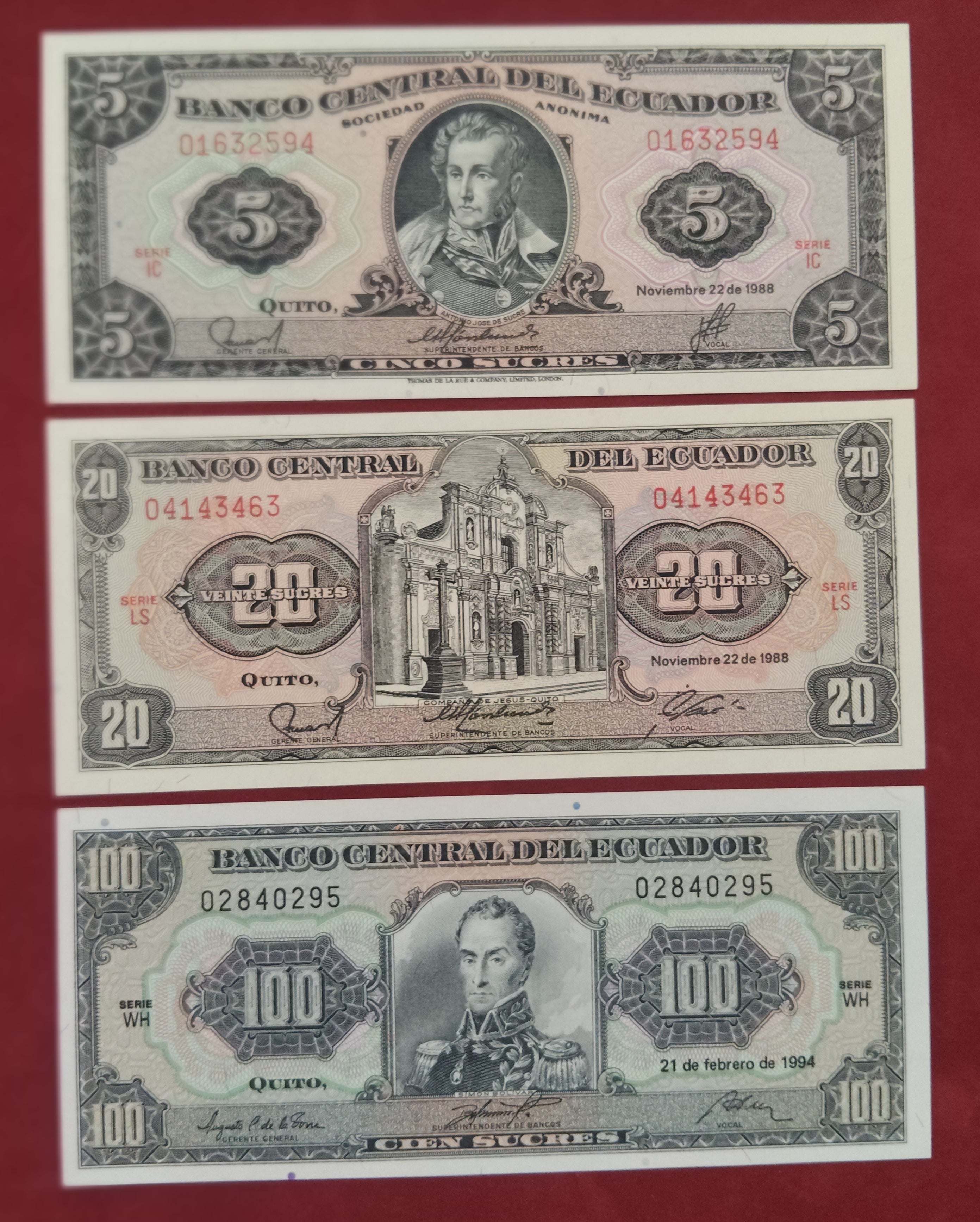 CENTRAL BANK OF ECUADOR 5 ,20 ,100 SUCRES (C450)