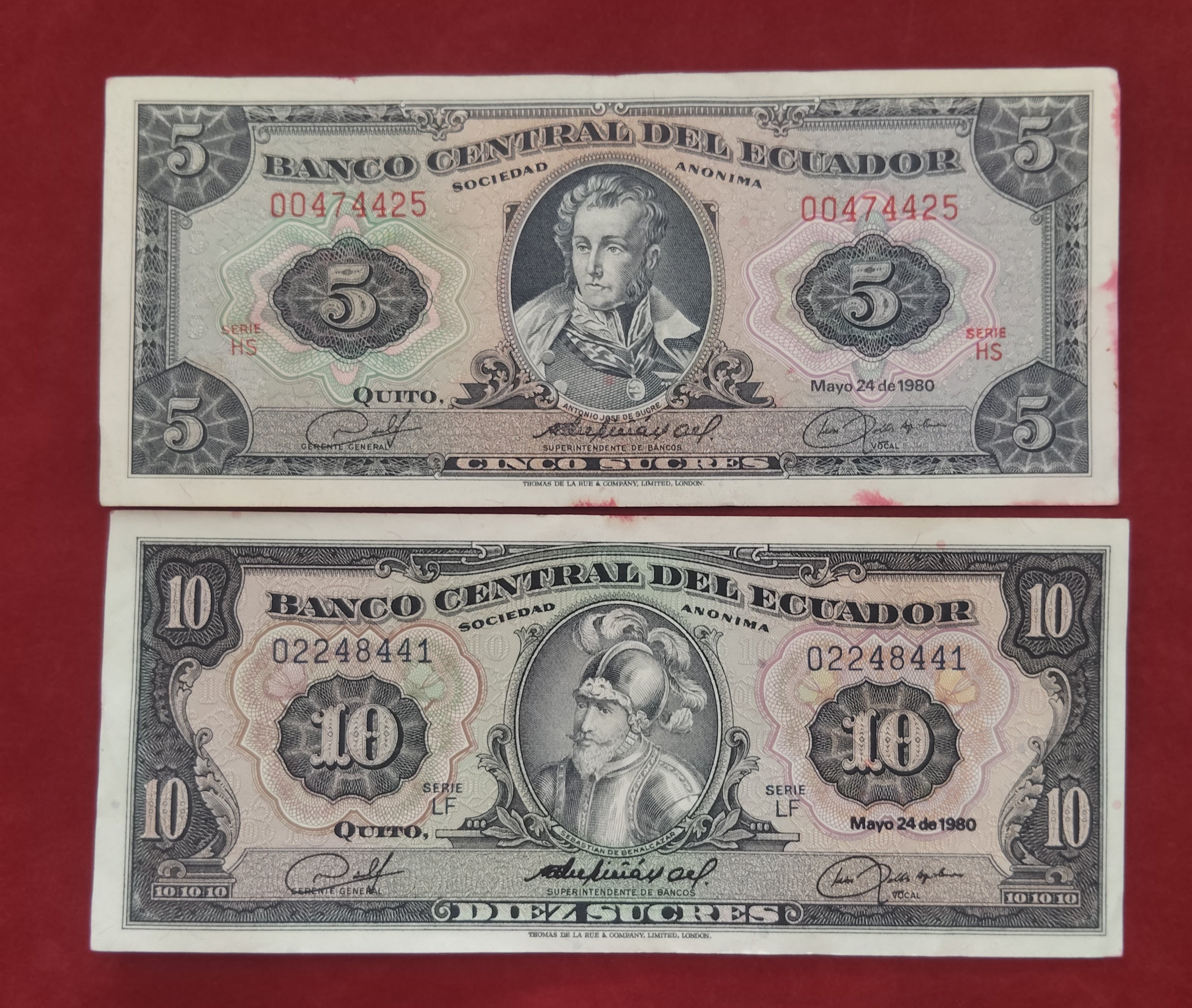 CENTRAL BANK OF ECUADOR 5 ,10 ,20 ,100 SUCRES (D72)
