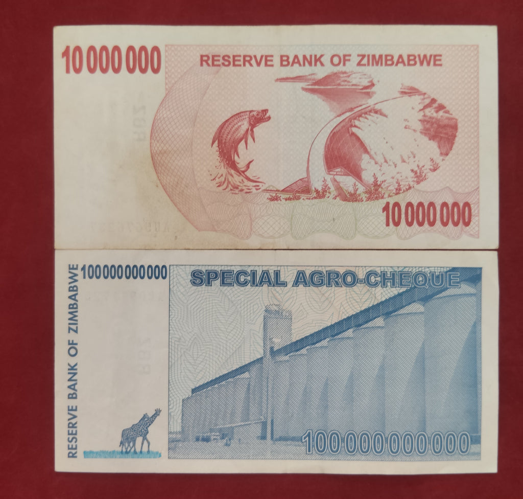 RESERVE BANK OF ZIMBABWE 10 MILLION DOLLARS ,100 BILLION DOLLARS (D368)