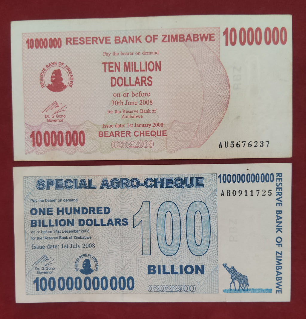 RESERVE BANK OF ZIMBABWE 10 MILLION DOLLARS ,100 BILLION DOLLARS (D368)