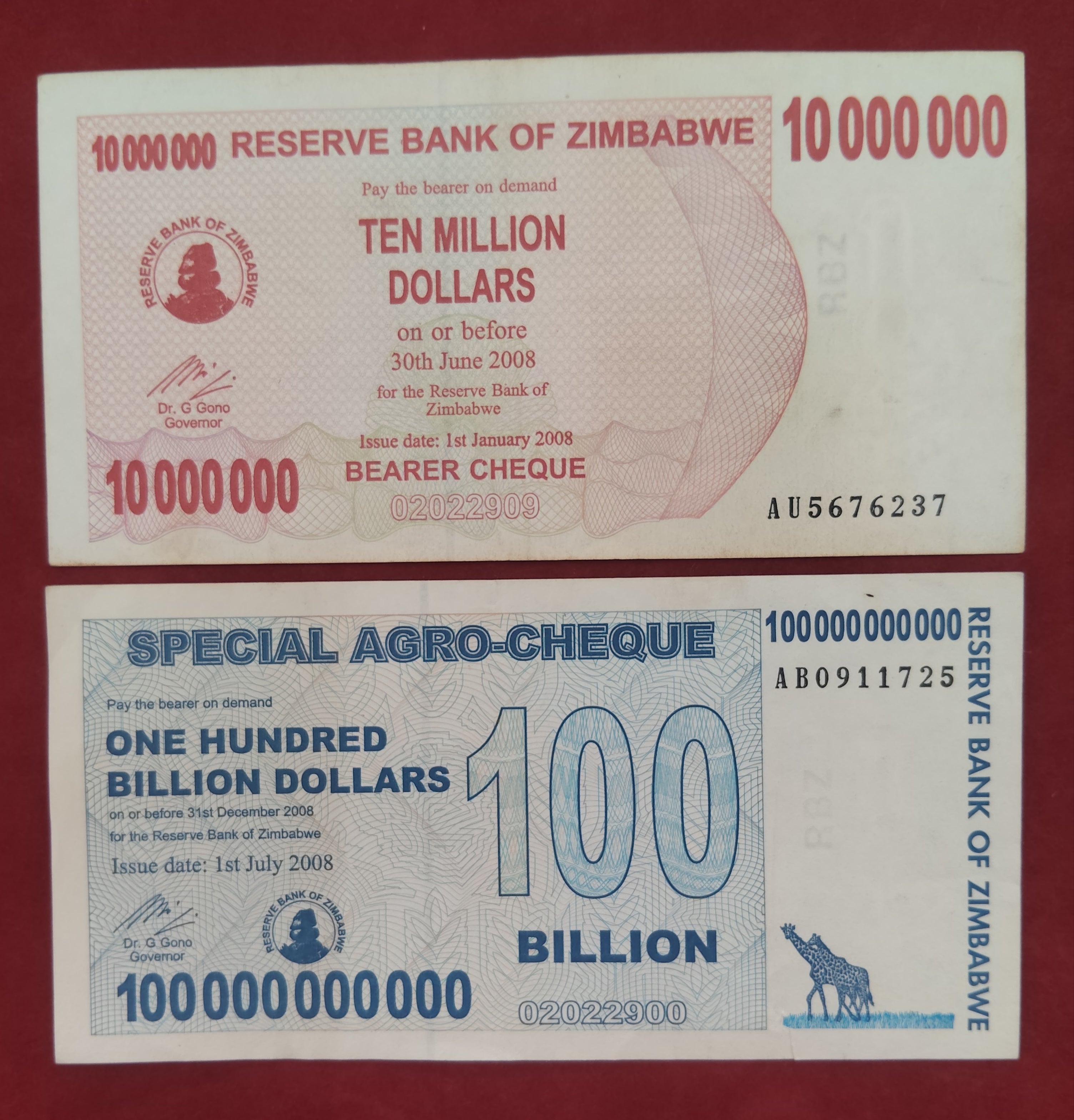 RESERVE BANK OF ZIMBABWE 10 MILLION DOLLARS ,100 BILLION DOLLARS (D368)