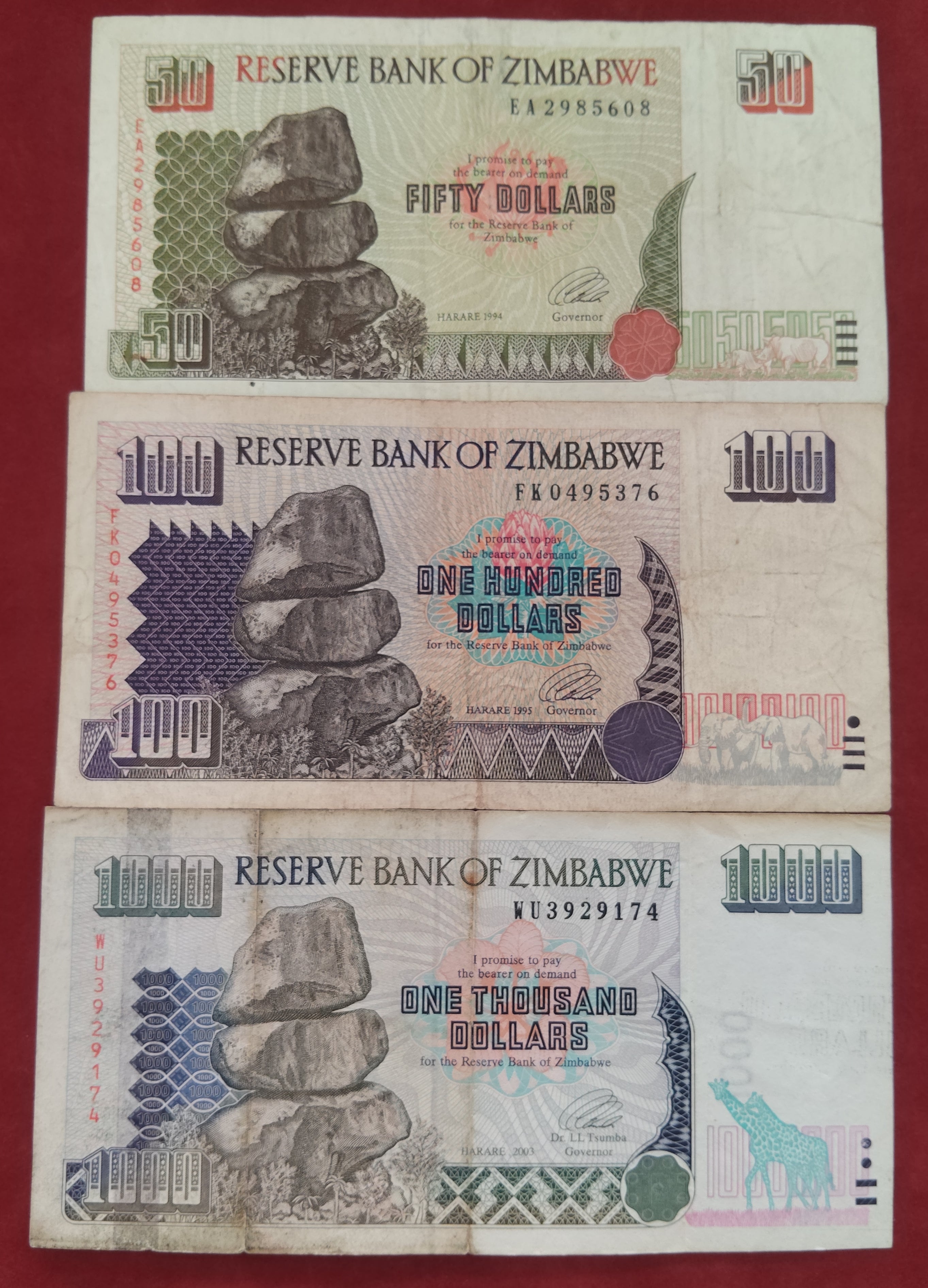 RESERVE BANK OF ZIMBABWE 50 ,100 ,1000 DOLLARS (D365)
