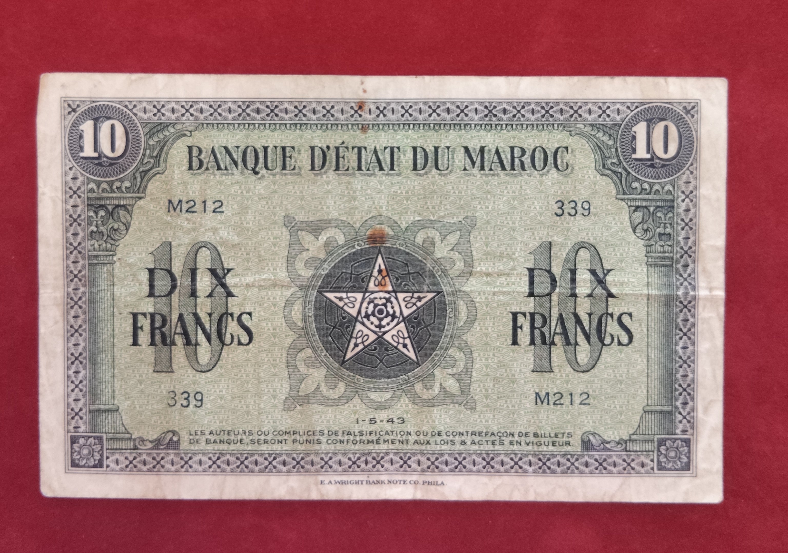 STATE BANK OF MOROCCO 10 FRANCS