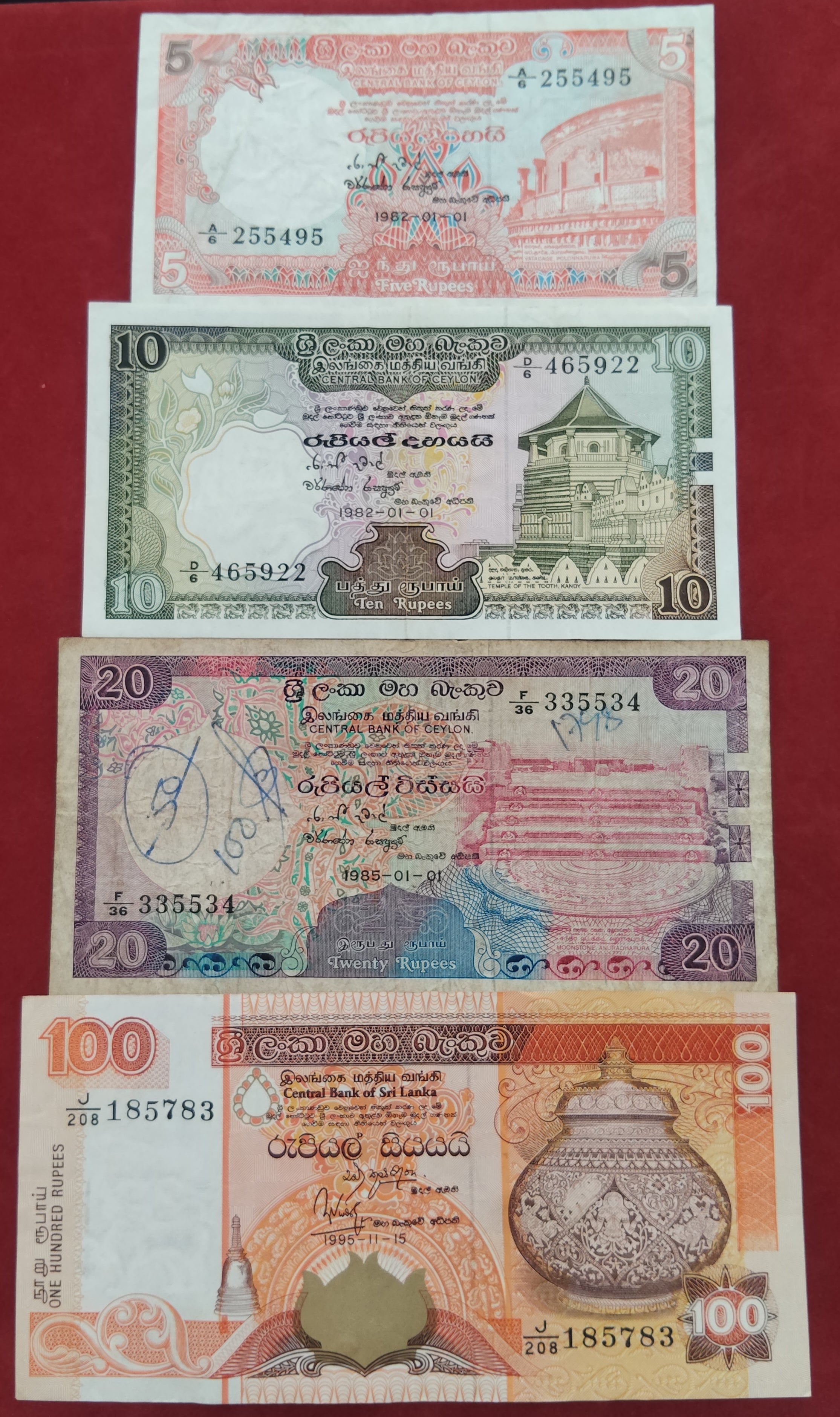 CENTRAL BANK OF CEYLON 5 ,10 ,20 ,100 RUPEES (D67)