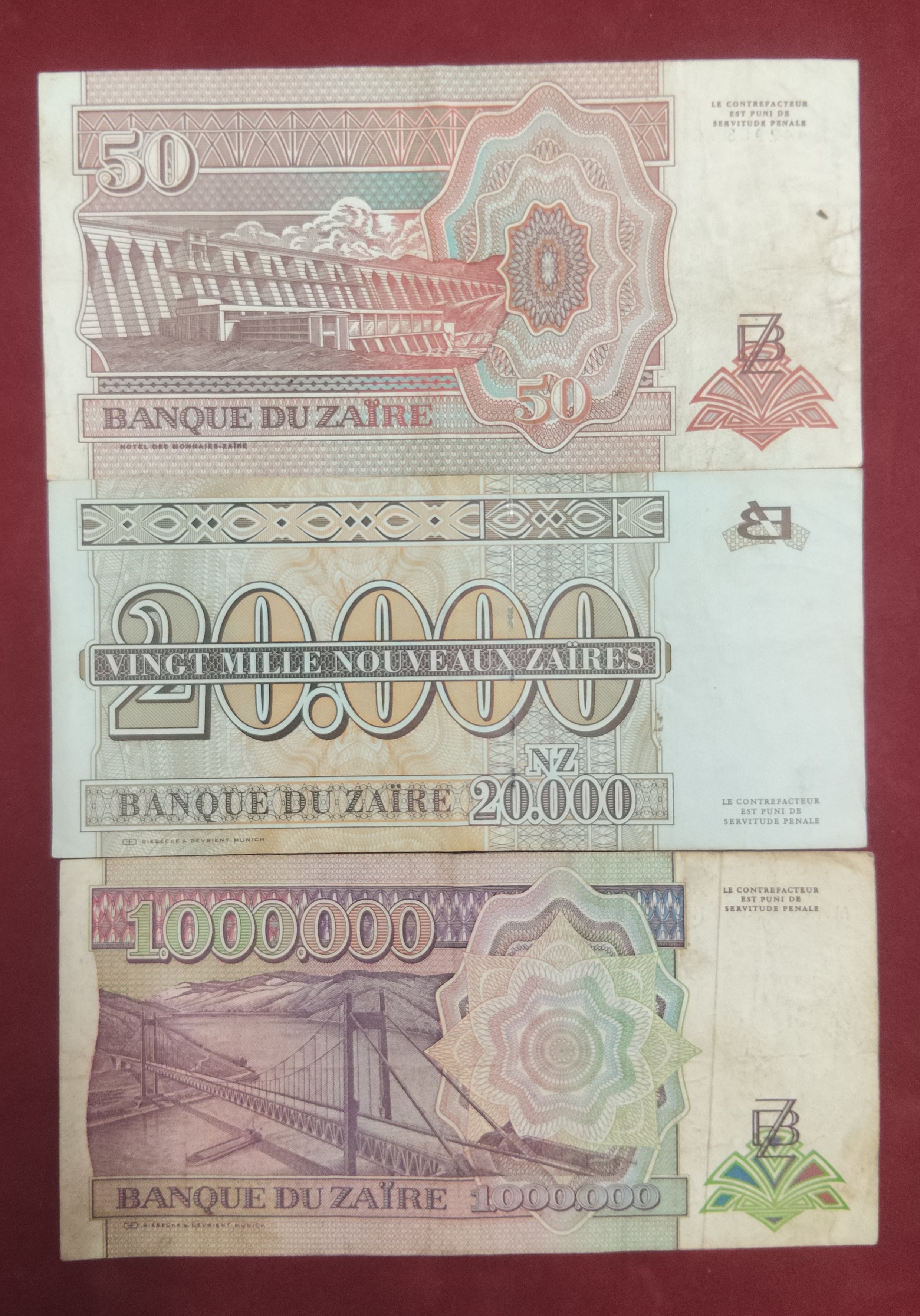 BANK OF ZAIRE 50 ,20.000 ,1.000.000 ZAIRES (1137)
