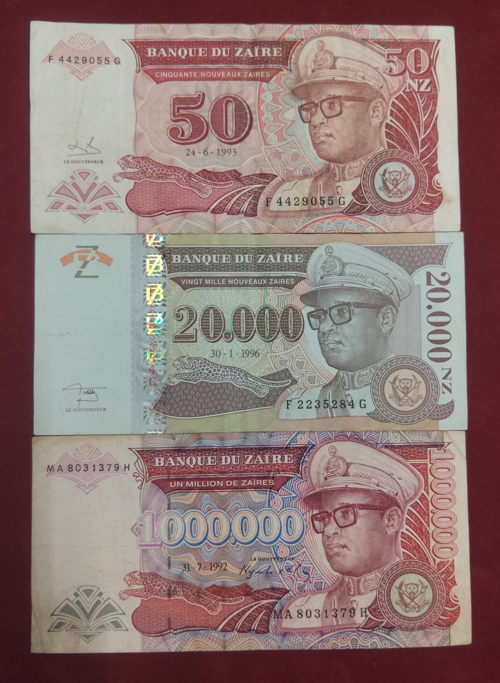 BANK OF ZAIRE 50 ,20.000 ,1.000.000 ZAIRES (1137)