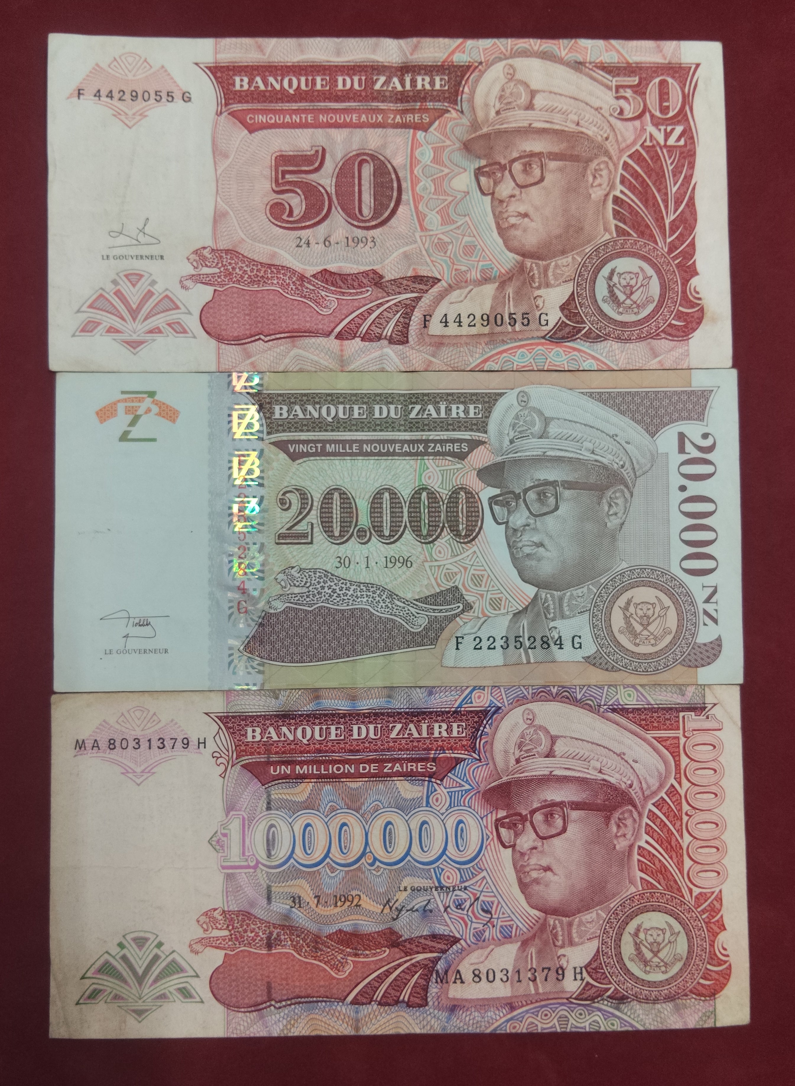 BANK OF ZAIRE 50 ,20.000 ,1.000.000 ZAIRES (1137)