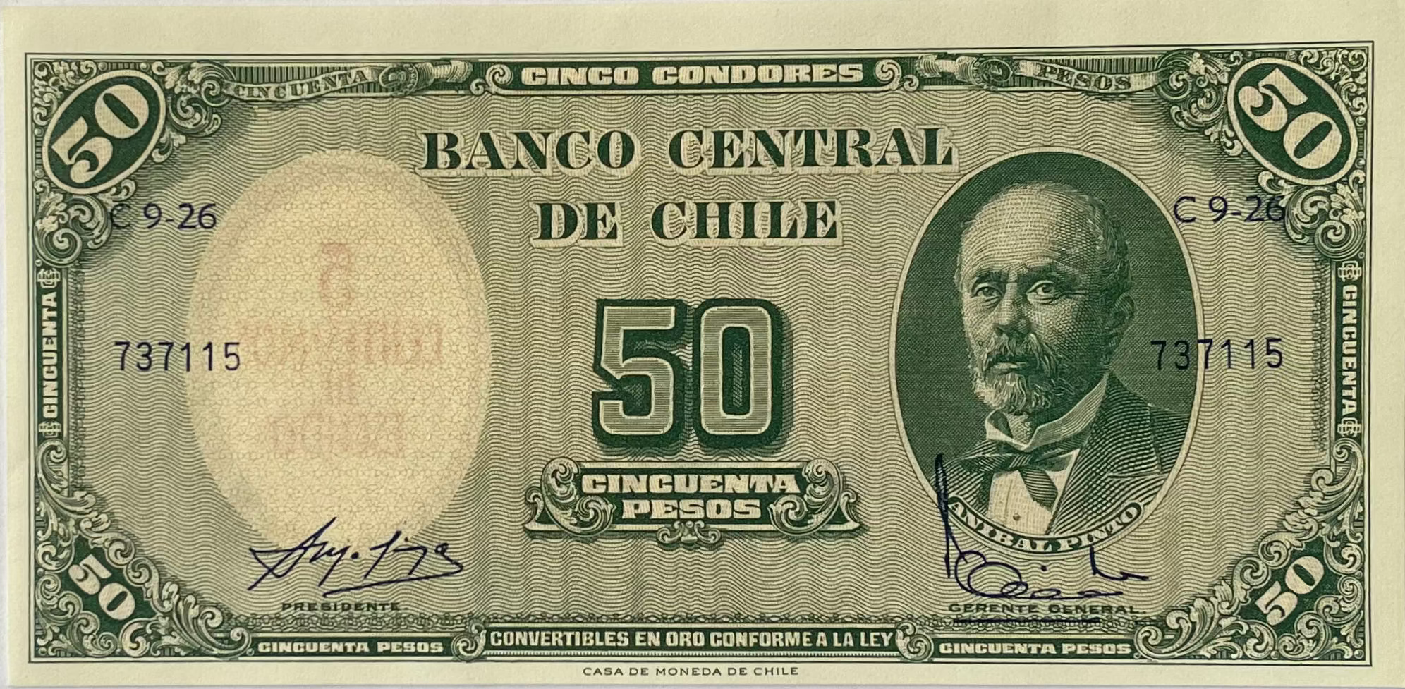50 peso banknote from Banco Central de Chile with a portrait and text
